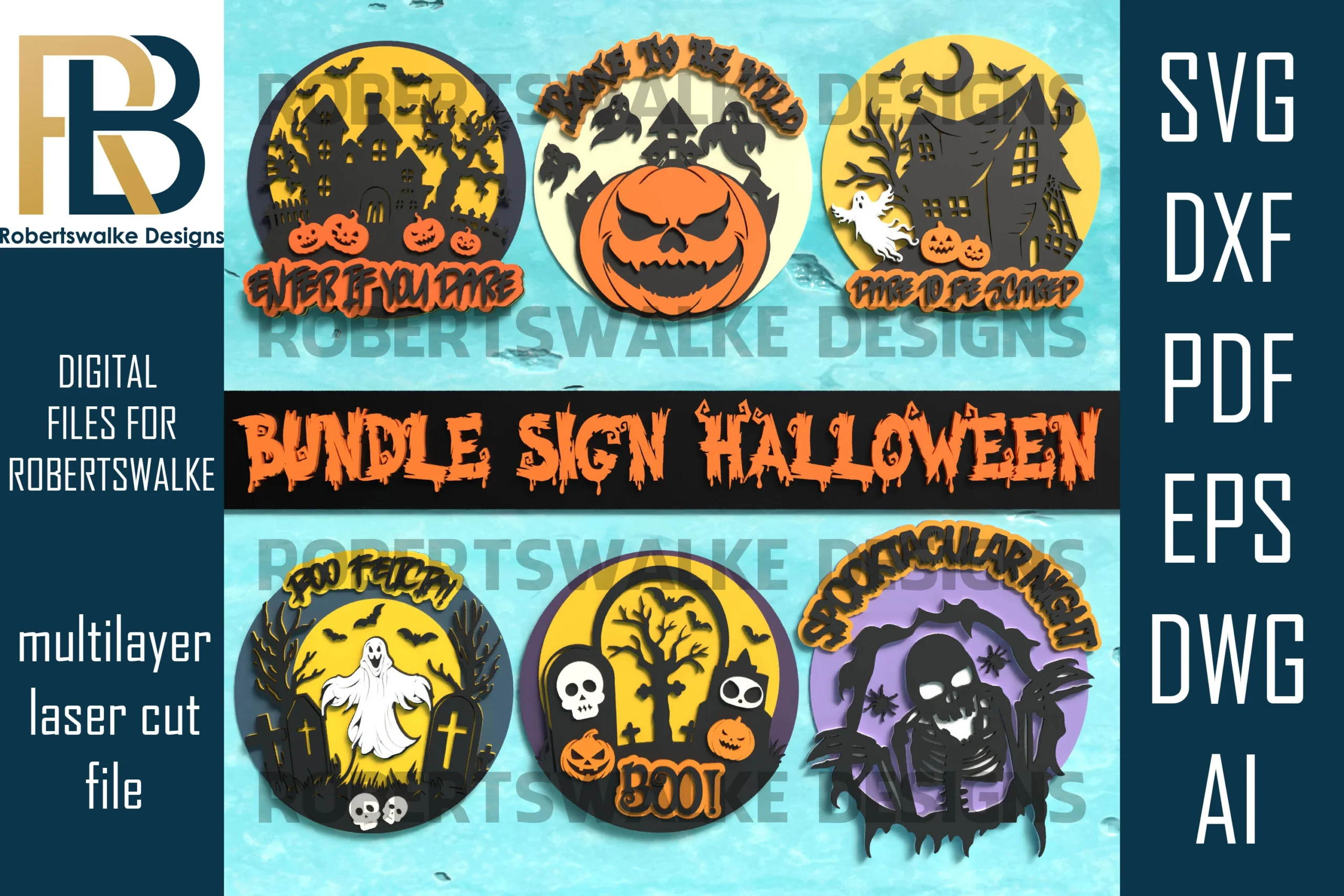 Halloween Sign SVG Bundle Vol.2 showing circular layered Halloween sign designs with haunted houses, ghosts, jack-o'-lanterns, graveyards, skeletons, creepy trees, bats, and distressed themed lettering.