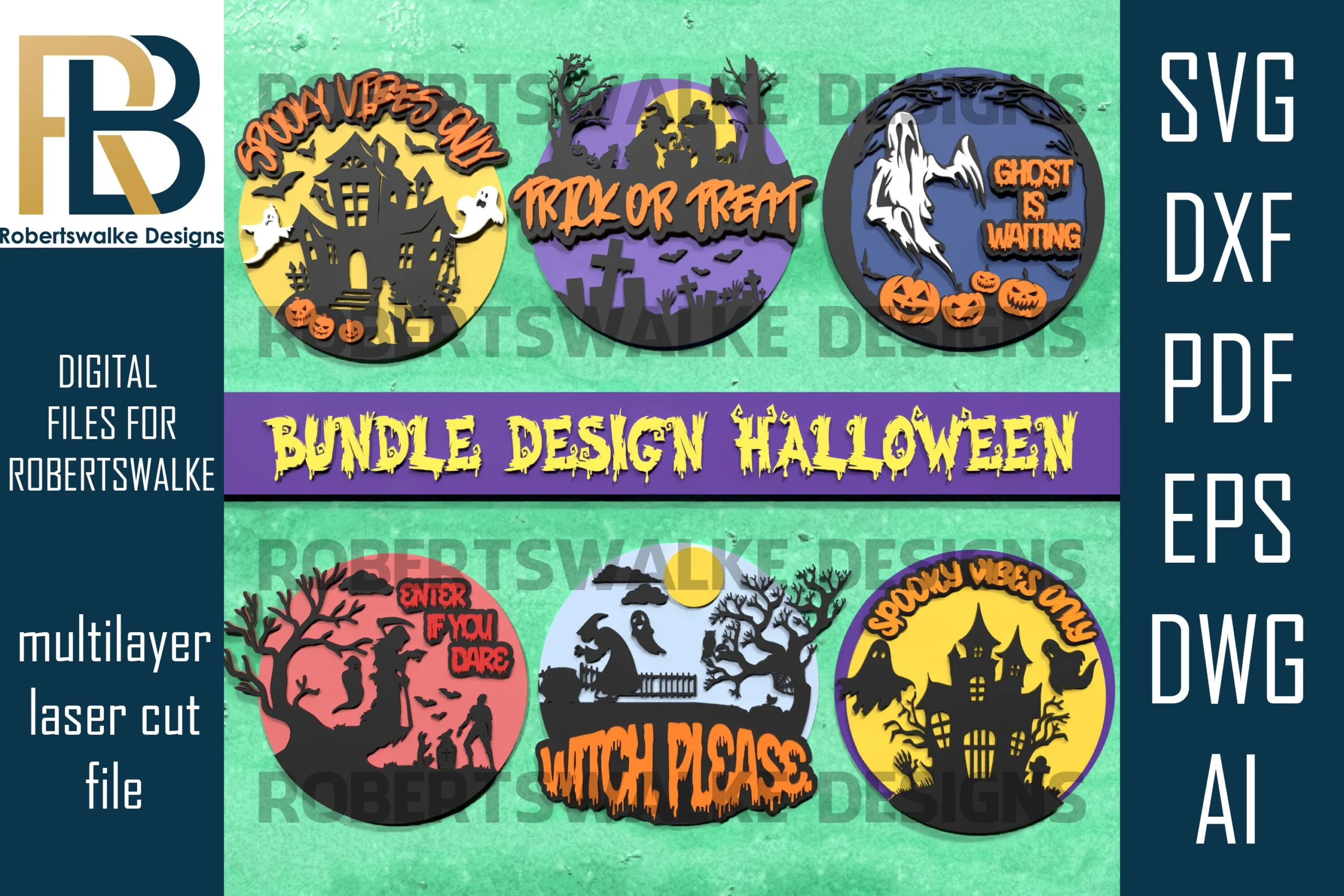 Halloween Sign SVG Bundle Vol.3 displaying six circular Halloween-themed layered cut-file designs with ghosts, witches, haunted houses, trees, and spooky text.