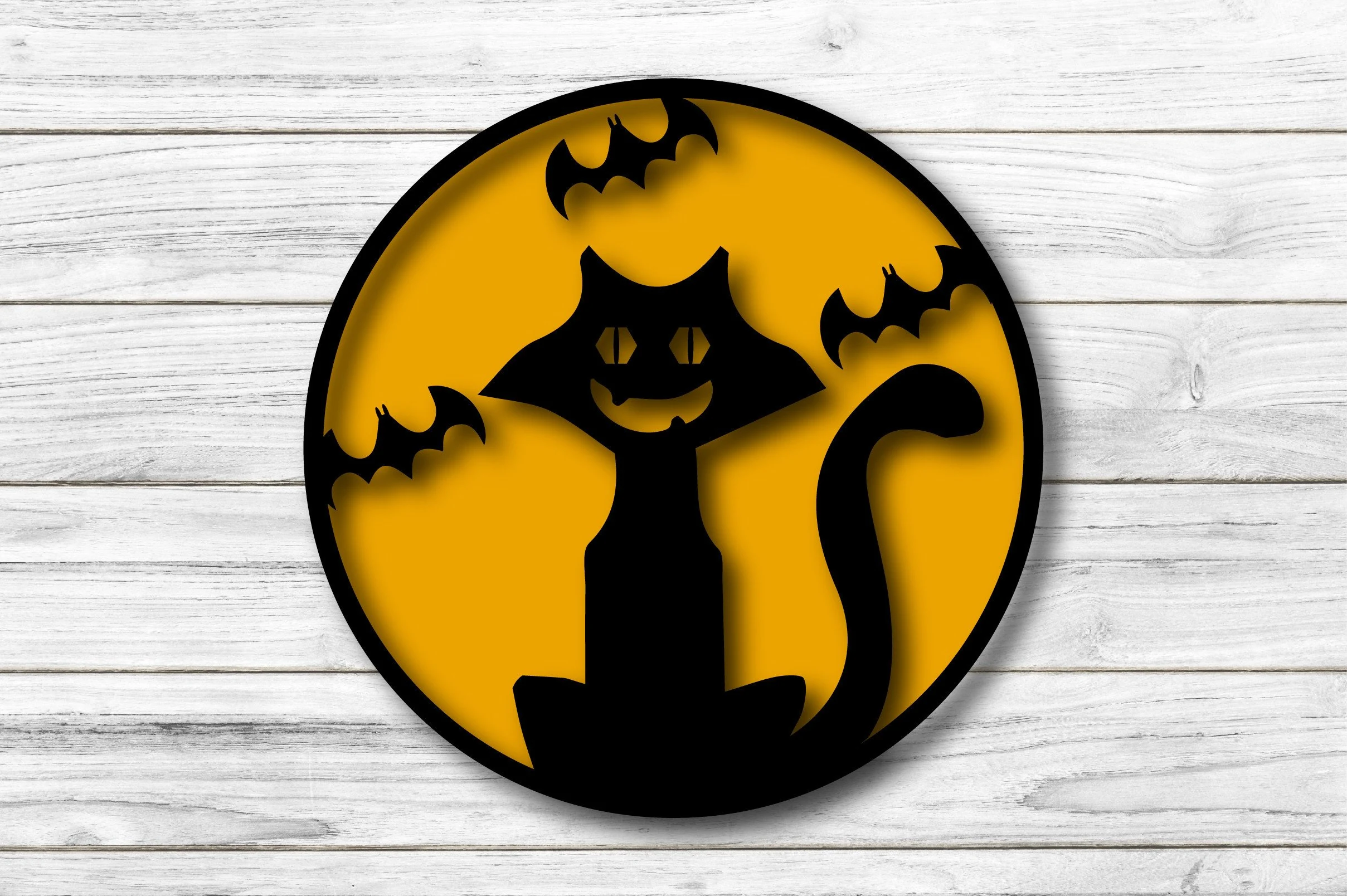 Halloween Sign Svg featuring a black cat silhouette and three bats over an orange circle with layered shadow effects.