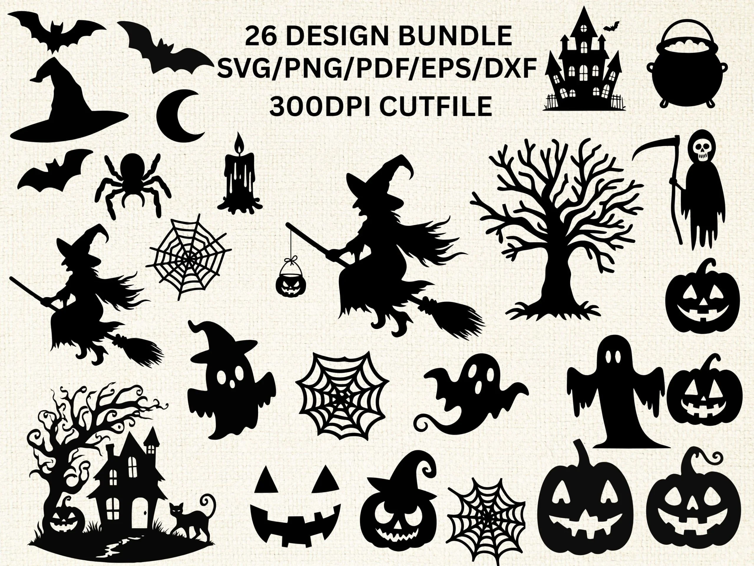 Halloween Spooky Clipart Svg Png Bundle showing black Halloween silhouettes including witches, pumpkins, ghosts, bats, spiderwebs, and a haunted house on a light-colored background.