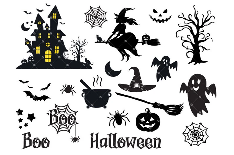 Halloween Svg Bundle, Halloween Svg featuring black Halloween silhouettes of a haunted house, witch on a broomstick, ghosts, pumpkins, spiders, bats, webs, and the words Boo and Halloween.