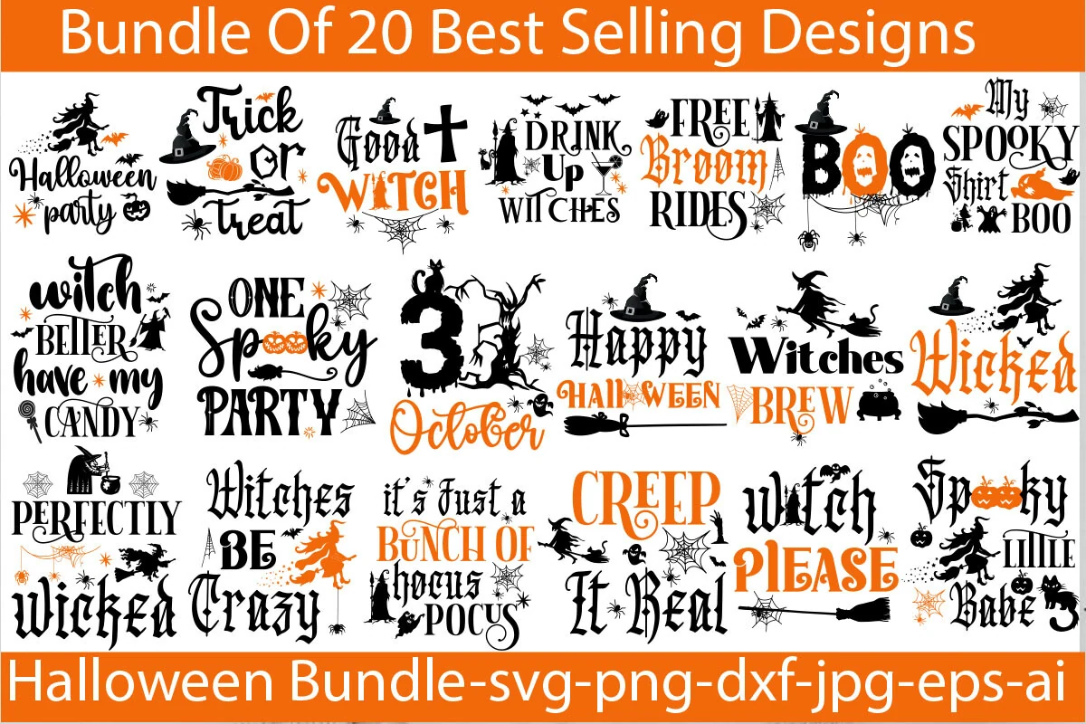 #Halloween SVG Bundle showing 20 black-and-orange Halloween typographic illustrations with witches, ghosts, bats, pumpkins, and broomsticks arranged in a four-by-five grid