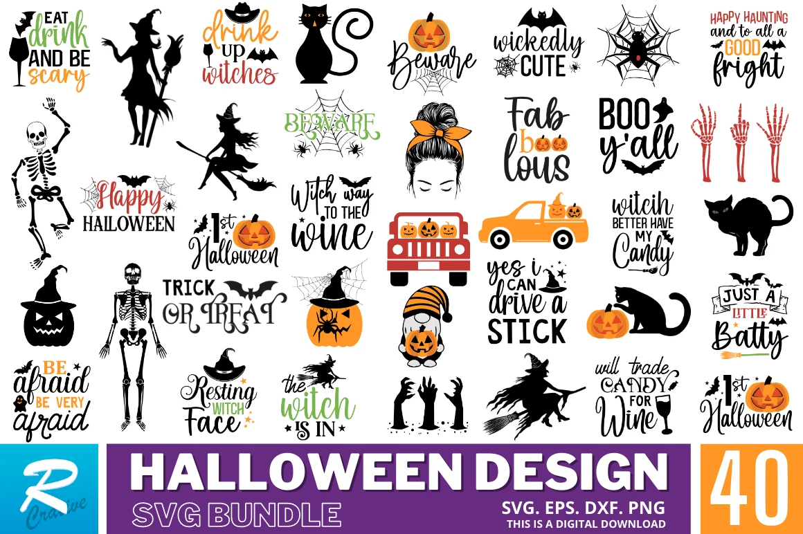 Halloween SVG Bundle showing a grid of 40 Halloween graphic designs with pumpkins, witches, skeletons, cats, bats, silhouettes, and themed typography.