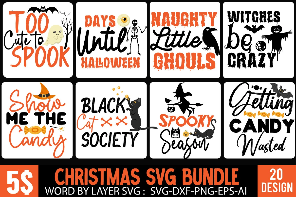 #Halloween SVG Bundle showing a grid of eight Halloween-themed graphic designs with bold lettering, brush-style script, spooky creatures, and orange-and-black holiday icons