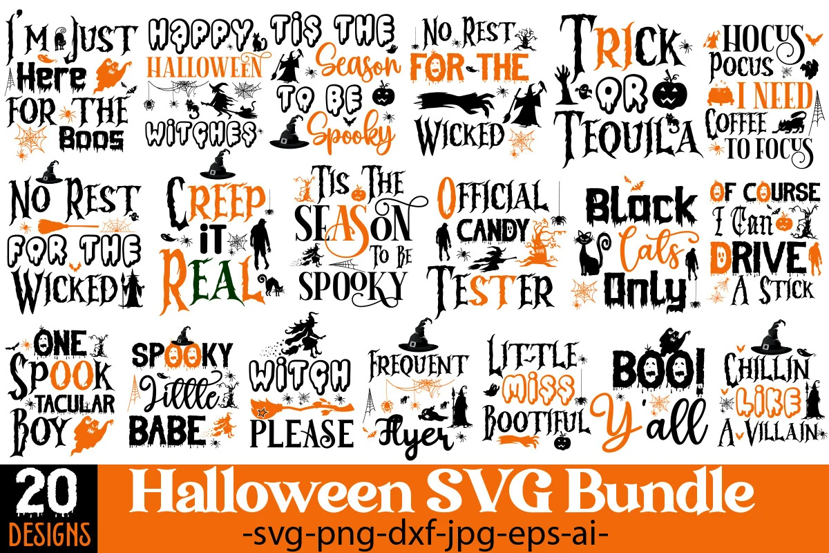 #Halloween SVG Bundle features 20 Halloween-themed typographic layouts with witches, pumpkins, ghosts, bats, cobwebs, and other motifs in a black-and-orange grid.