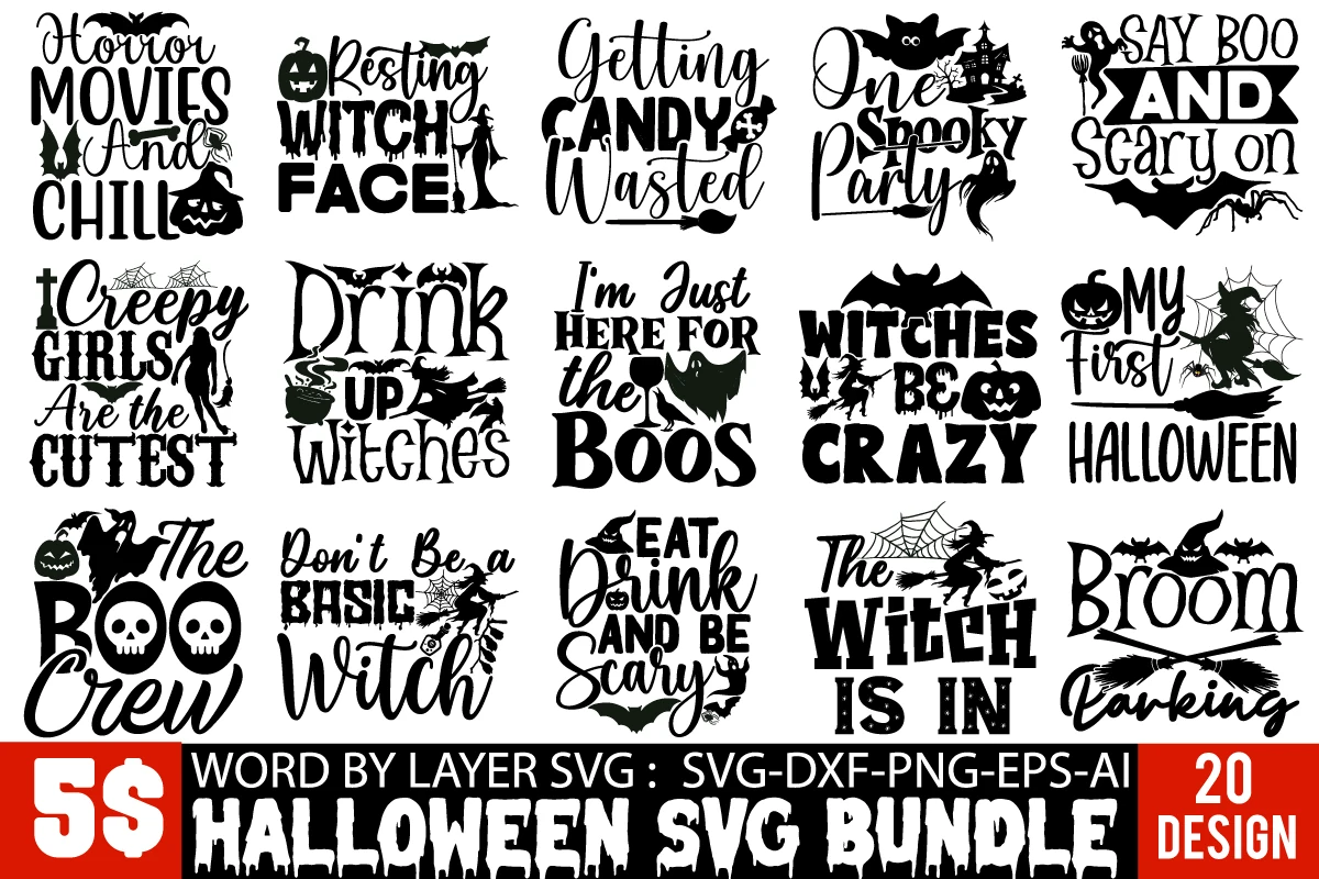 Halloween SVG Design Bundle: A grid of 20 black-on-white typographical designs featuring Halloween phrases with bats, pumpkins, witches, ghosts, and spiderwebs.