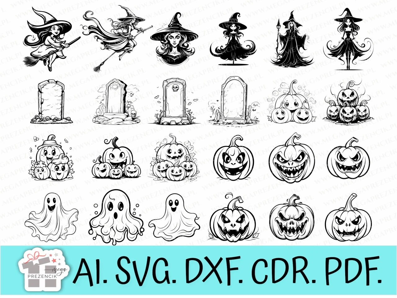 Halloween Svg Files for Cricut. Clipart featuring black-and-white vector illustrations of witches, tombstones, ghosts, and jack-o'-lanterns arranged in a grid