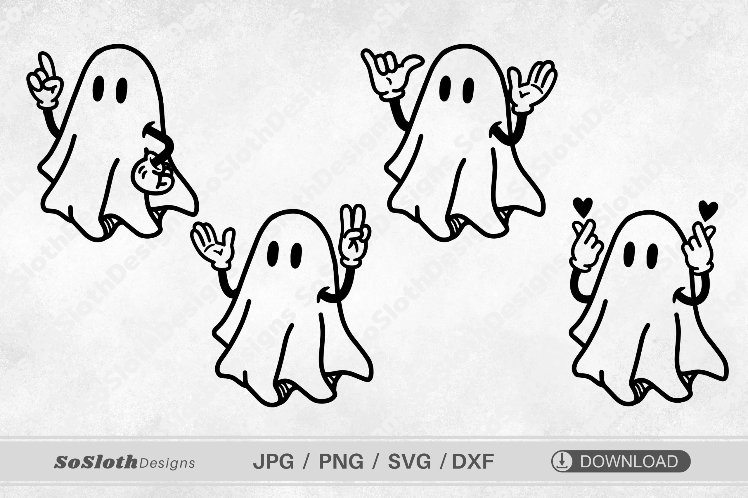 Halloween Svg, Ghosts Svg showing four black-and-white cartoon ghost illustrations in varied poses, including pointing, peace signs, and heart-shaped hand gestures, on a textured background