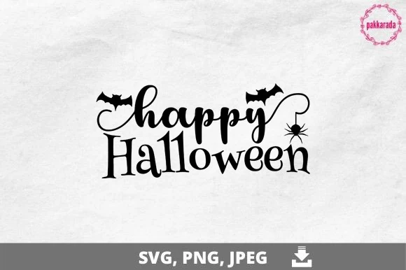 Halloween SVG, Happy Halloween SVG featuring cursive Happy lettering with bat silhouettes and a hanging spider flourish above bold serif Halloween lettering.