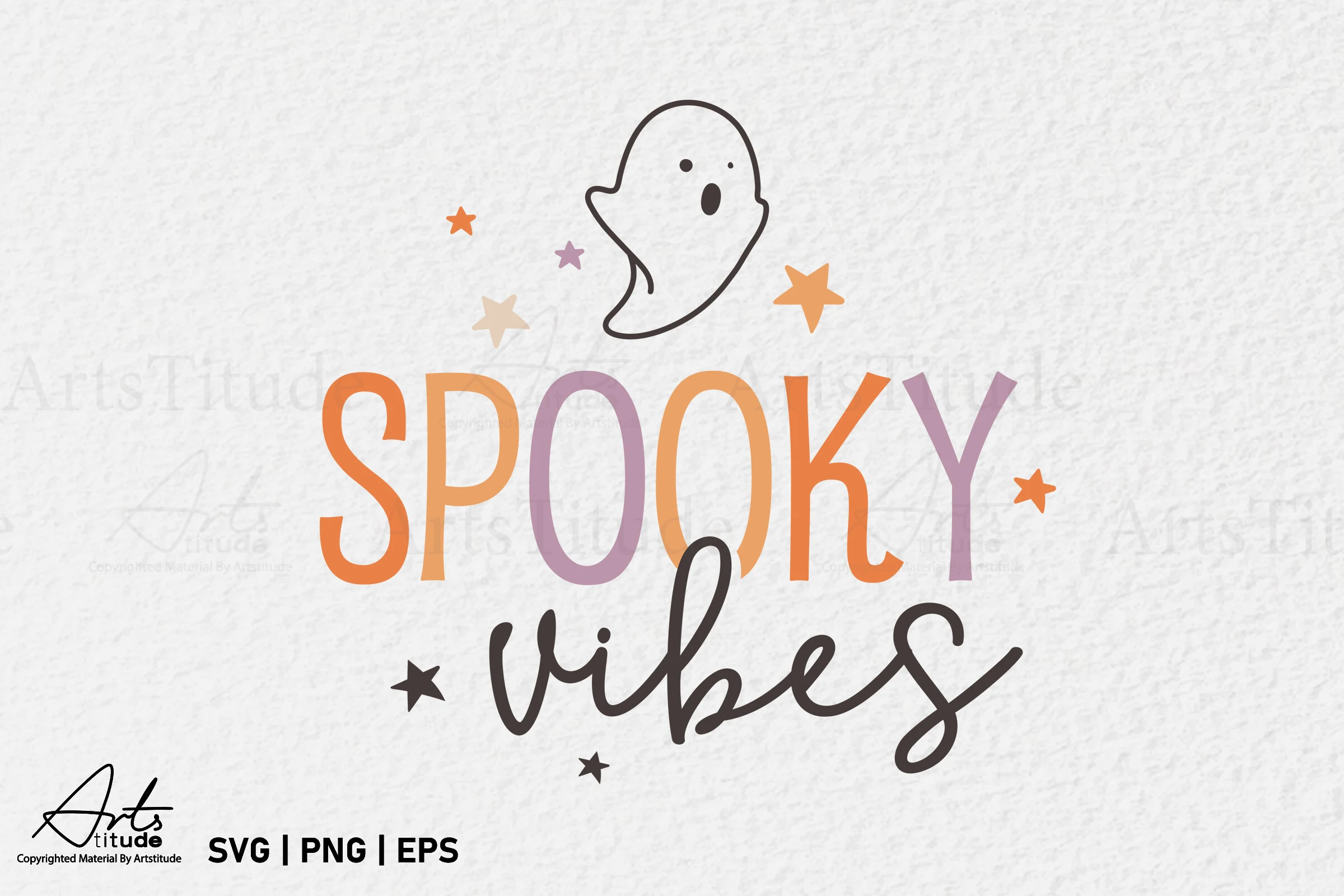 Halloween SVG, Spooky Vibes featuring bold colorful SPOOKY lettering, dark brown script vibes text, a line-art ghost, and star accents.