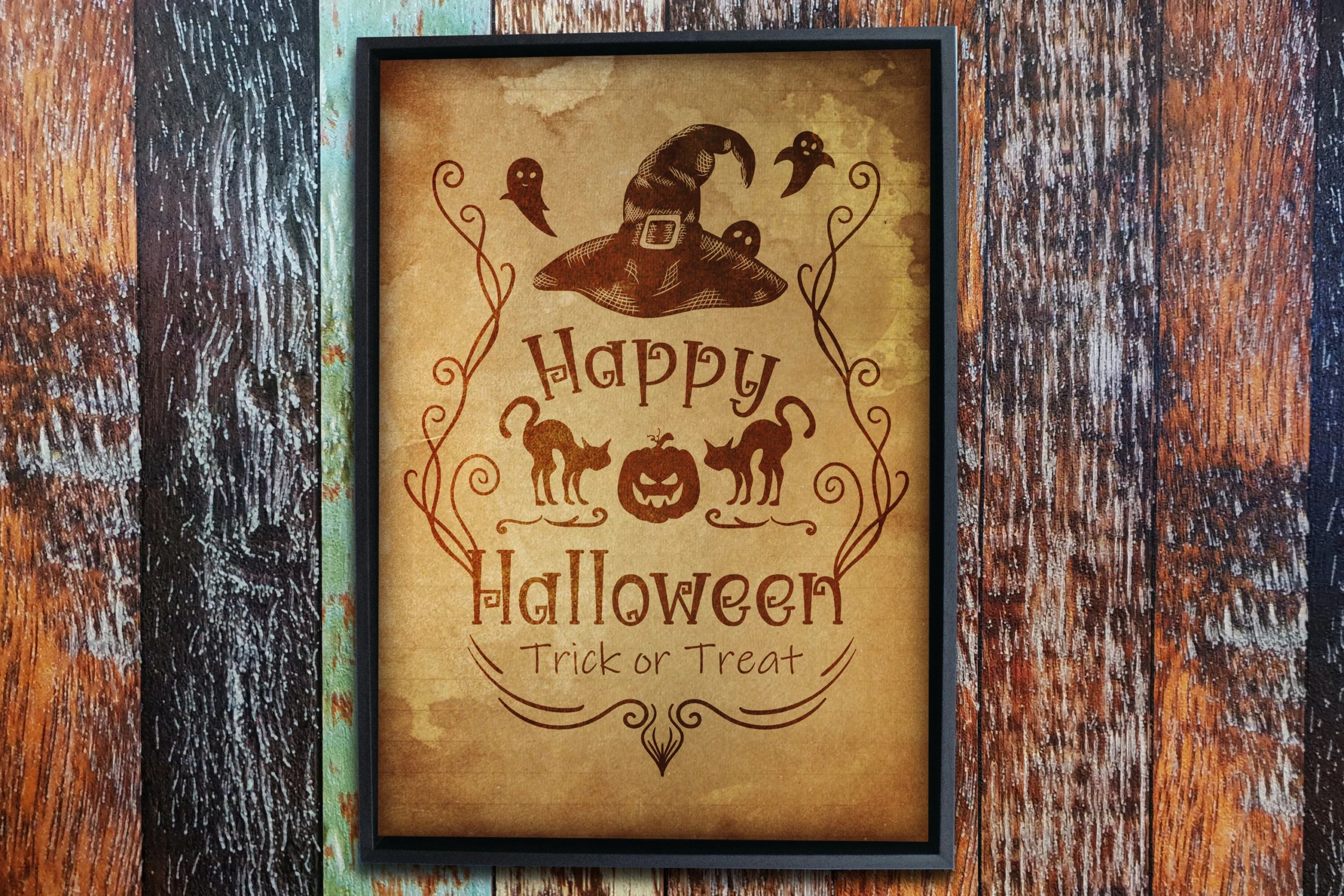 Halloween Trick or Treat SVG, Spooky Hal featuring a distressed vintage-style Happy Halloween design with a witch's hat, ghosts, cats, a jack-o'-lantern, and ornate flourishes on a parchment-style background.