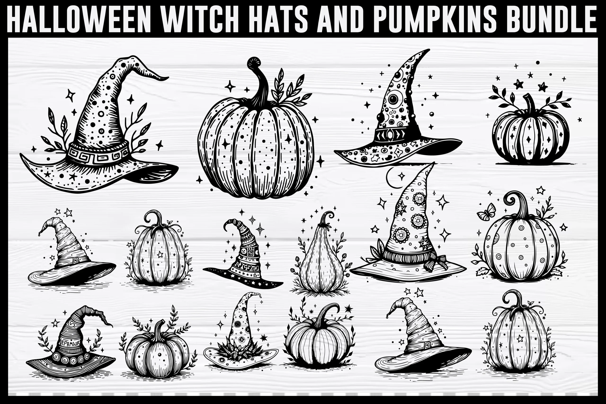 Halloween Witch Hat and Pumpkin Silhouet, a collection of fourteen black and white illustrations featuring ornate witch hats and decorated pumpkins arranged in a grid.