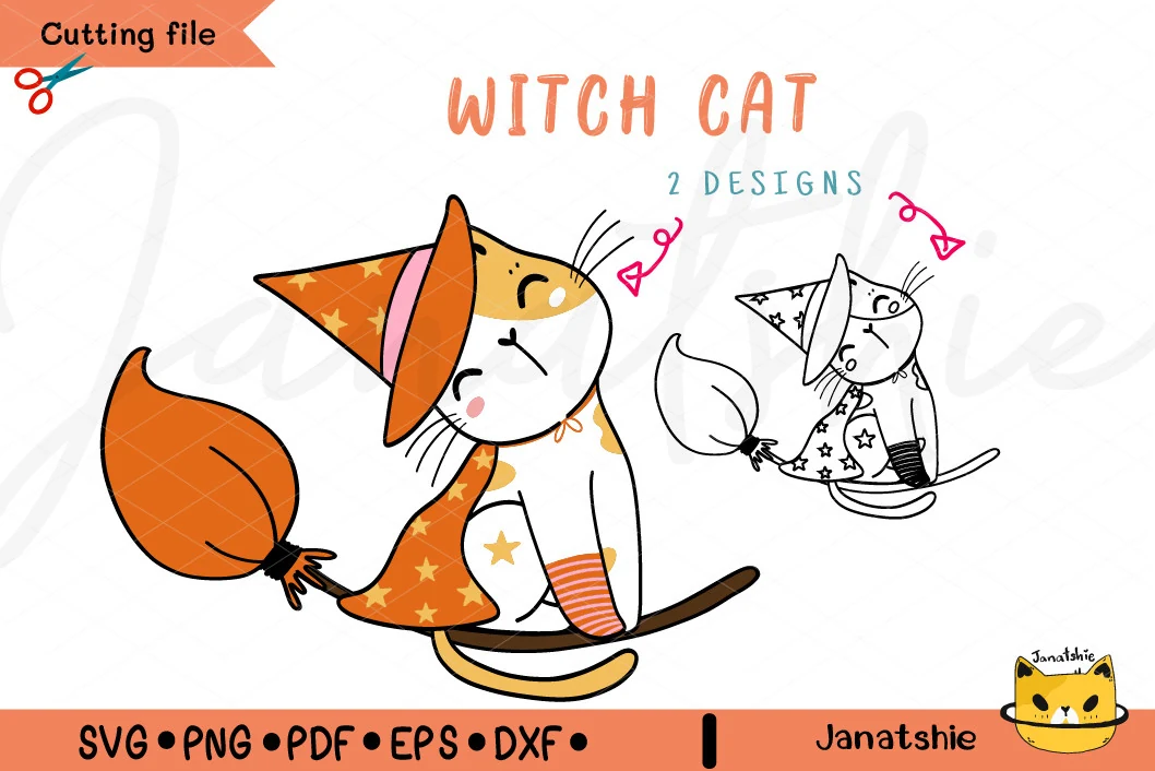 Halloween Witch Kitten Cat SVG Cut File with orange WITCH CAT lettering above a colorful cartoon cat riding a broomstick and a matching black-and-white line-art version.