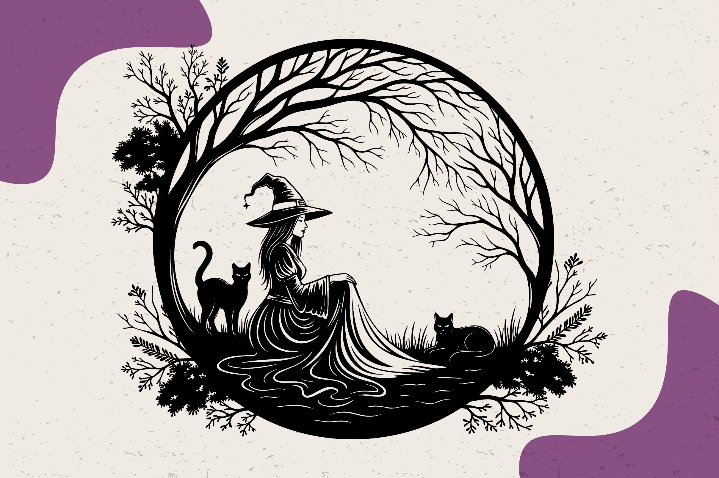 Halloween Witch SVG, Witch SVG, Cricut depicts a seated witch in profile with two cats inside a circular frame formed by bare tree branches.