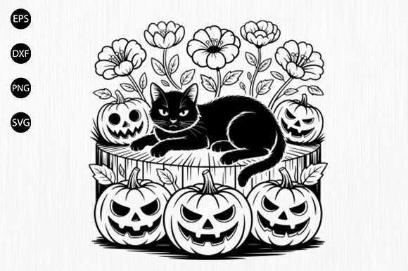 Happy Halloween Cat SVG, Black Cat SVG featuring a solid black cat resting on a textured tree stump, with five flowers above and three carved pumpkins below in high-contrast black line art.