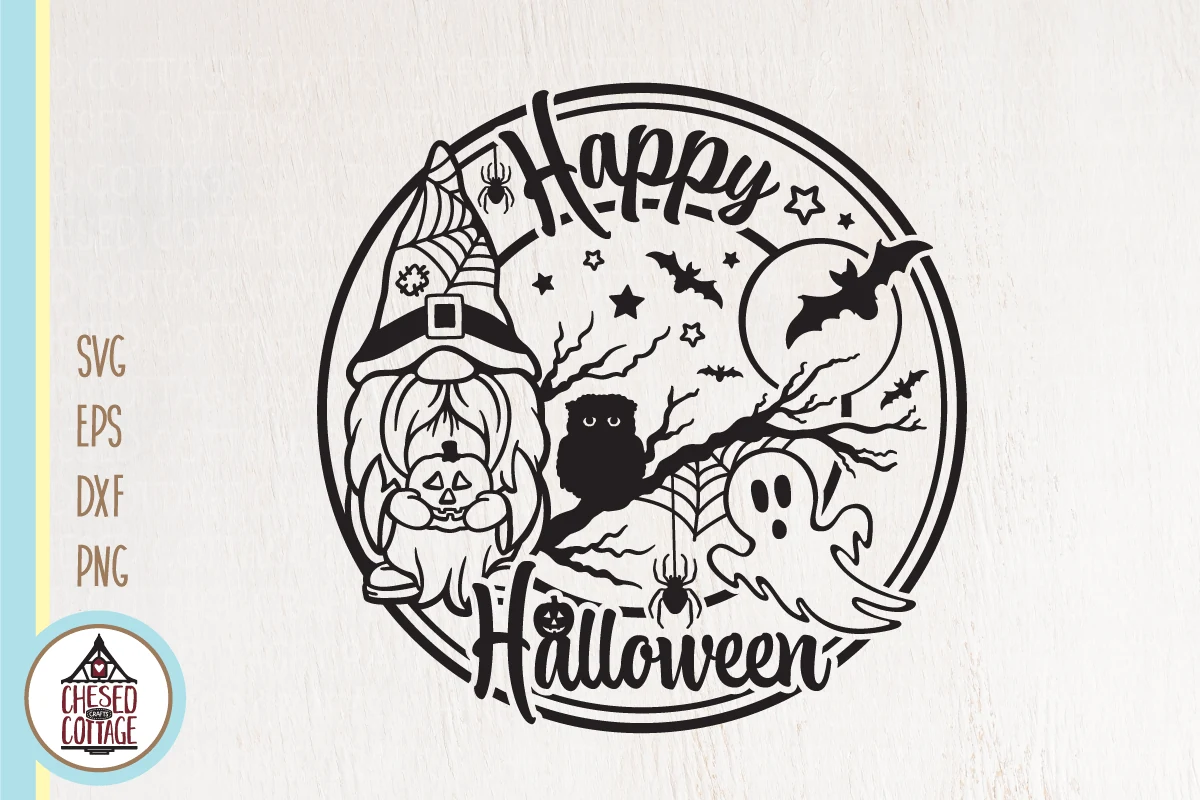 Happy Halloween Gnome features a circular Halloween graphic with a gnome, owl, ghost, bats, moon, and script lettering.