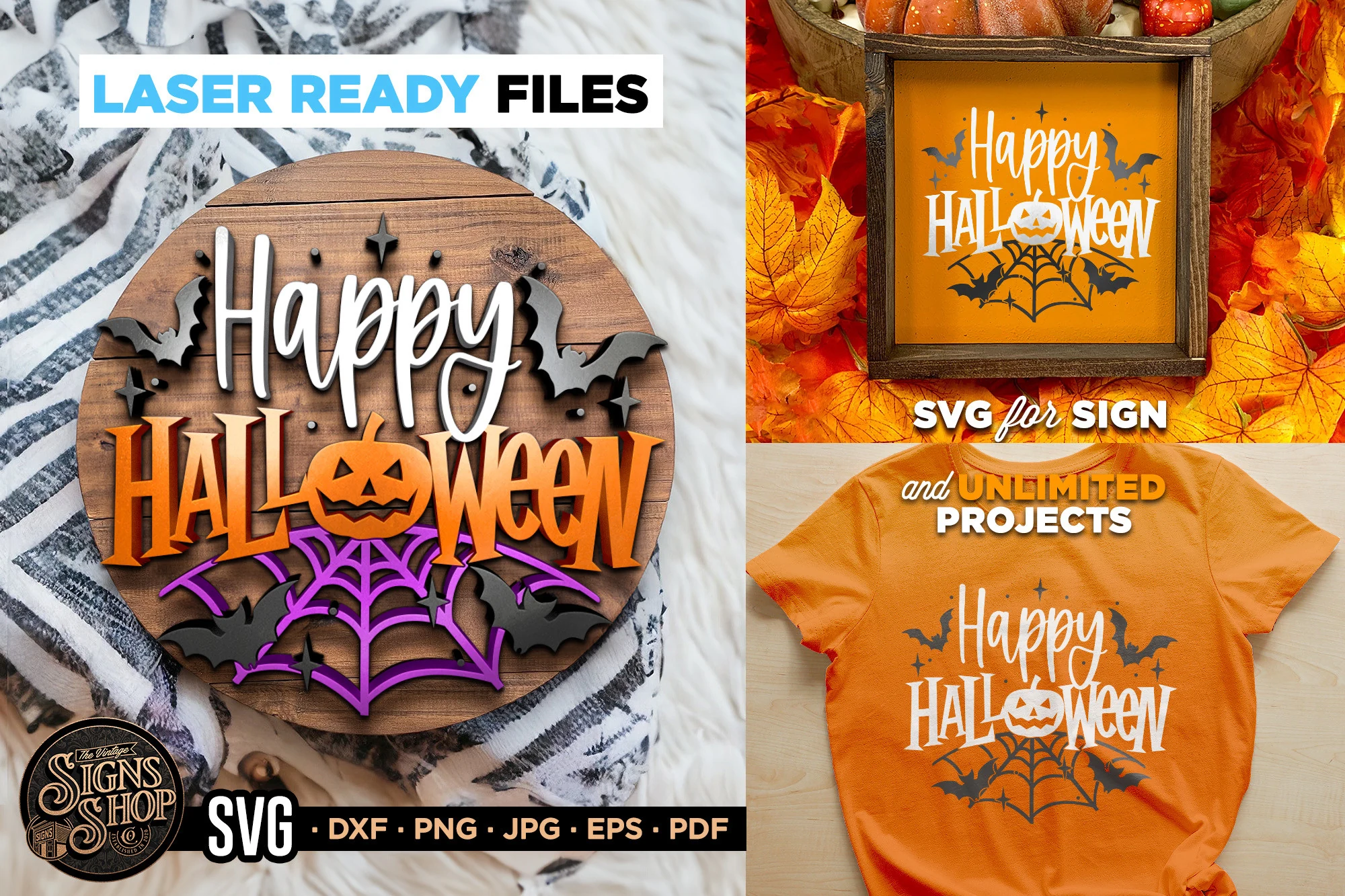 Happy Halloween | Halloween SVG Sign featuring script lettering above bold block letters, a pumpkin-shaped O, a spiderweb, and flying bat silhouettes.