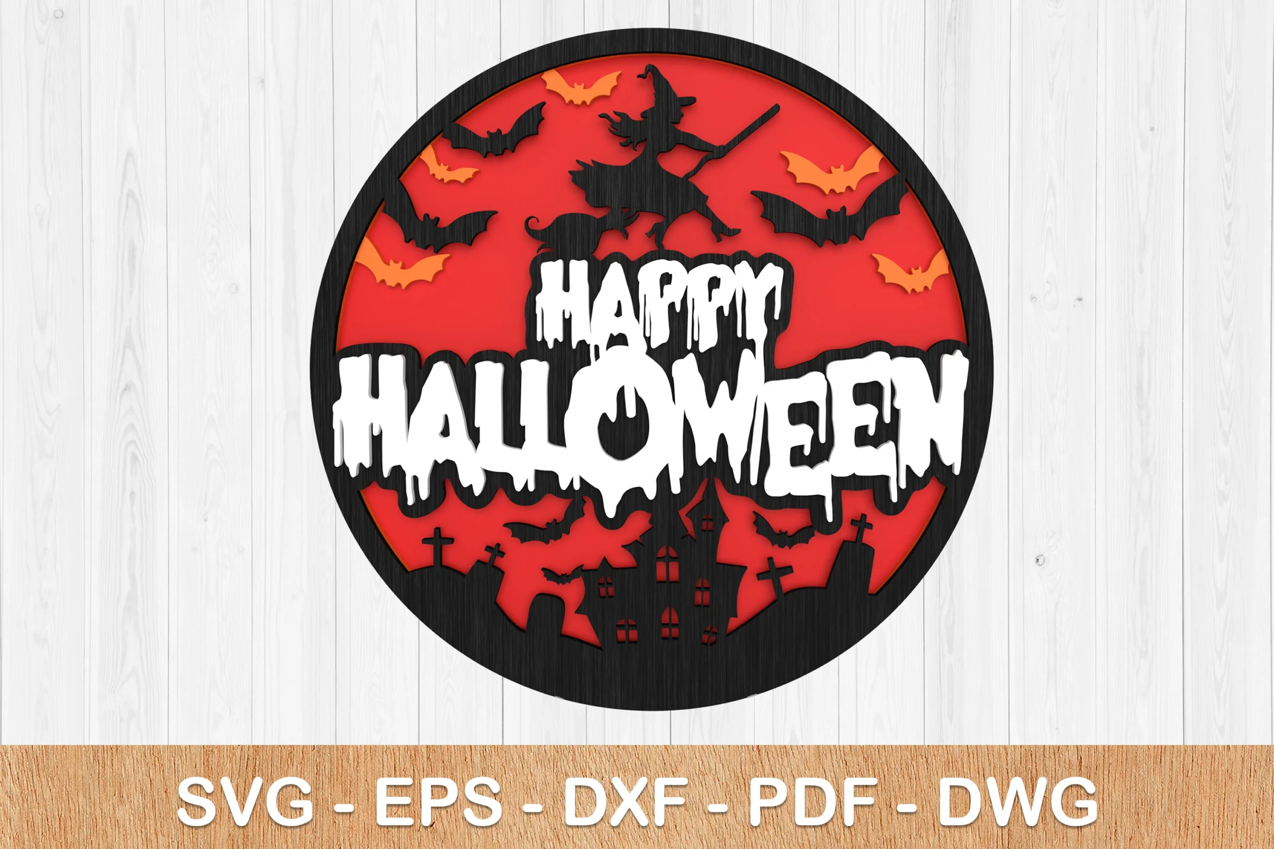 Happy Halloween Sign SVG 3D, a layered circular Halloween design with a witch, haunted house, gravestones, bats, and dripping white text over a red background.
