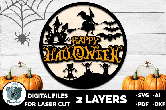 Happy Halloween Sign SVG for Glowforge featuring a circular layered Halloween sign with a witch on a broom, haunted castle, bats, stylized trees, and spooky display typography
