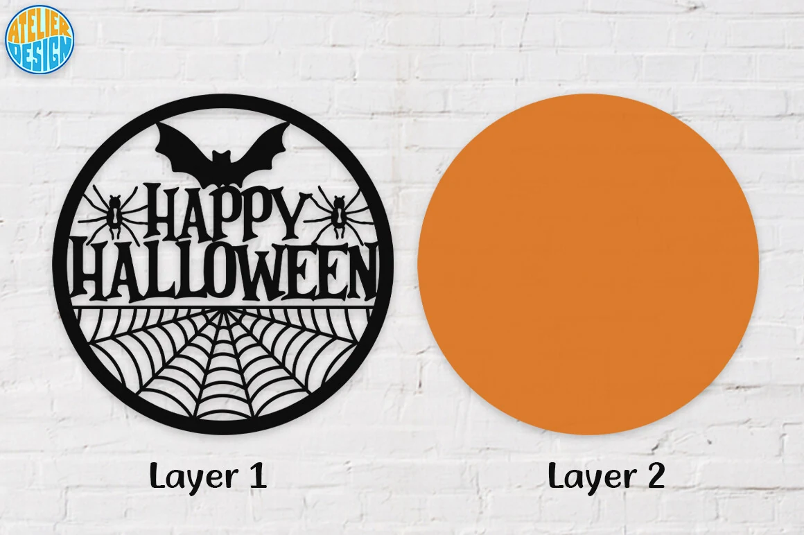 Happy Halloween Sign Svg for Laser Cut circular two-layer Halloween design with a black cut-out layer featuring text, a bat, spiders, and a spiderweb over an orange circular backing