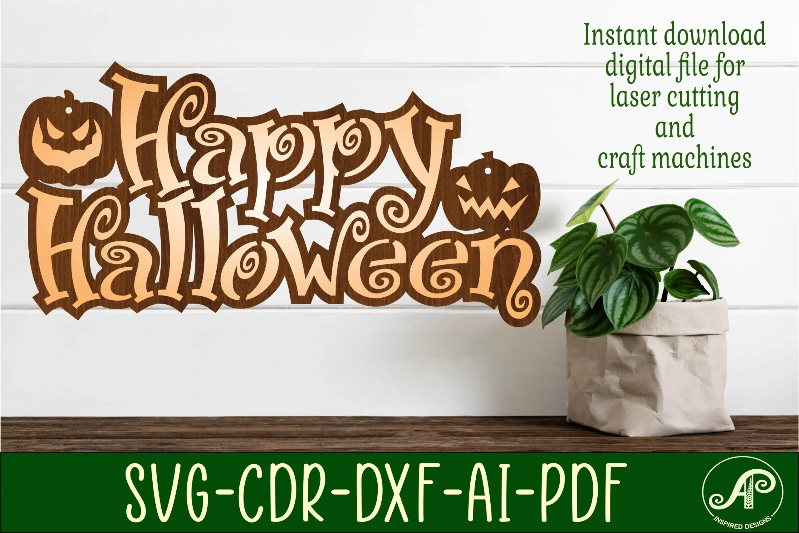 Happy Halloween Sign Svg Laser Cut File featuring bold layered script lettering, jack-o'-lantern motifs, and a dark contour-following backing silhouette.