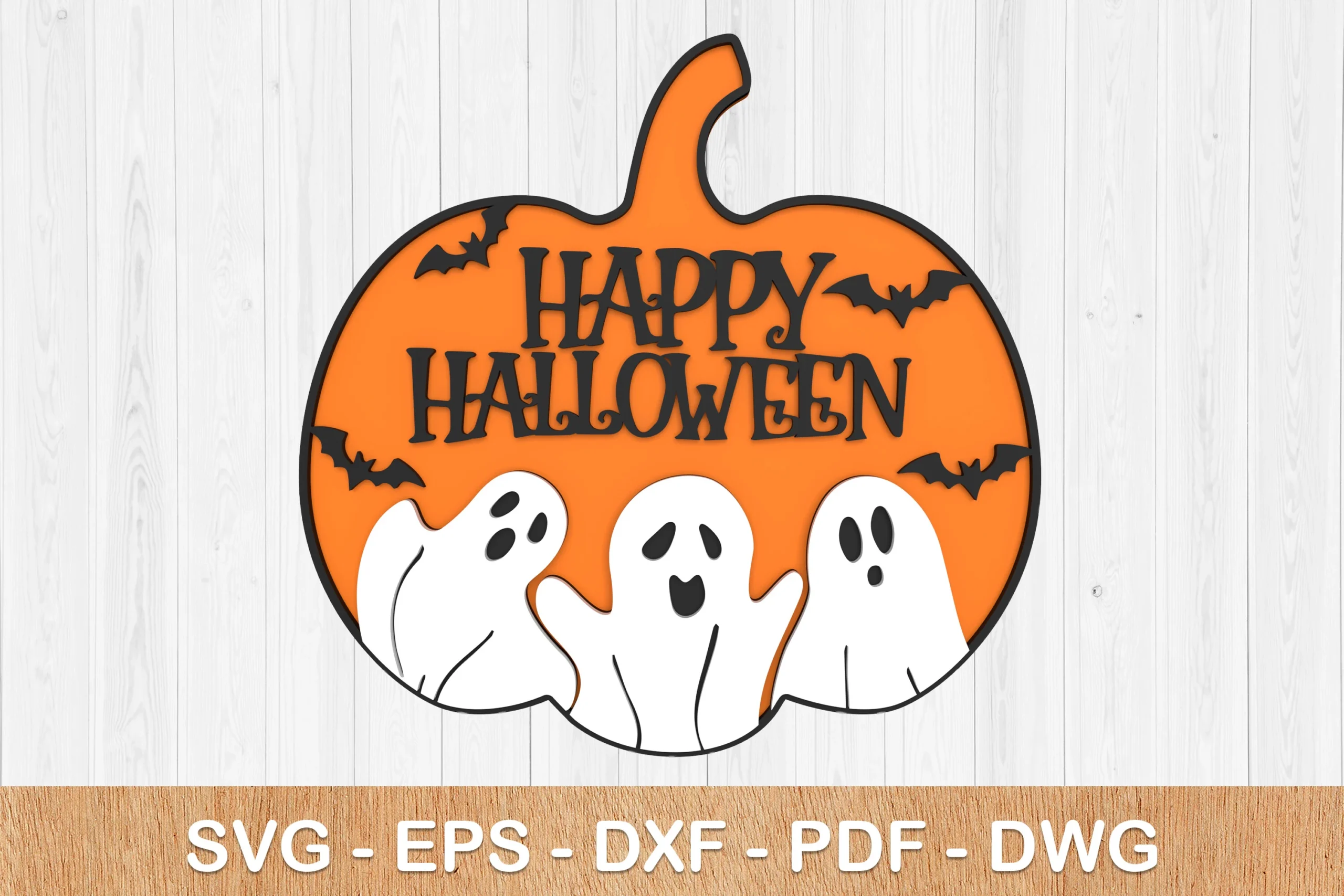 Happy Halloween Sign Svg featuring HAPPY HALLOWEEN lettering on an orange pumpkin-shaped frame with three white ghosts and three black flying bats.
