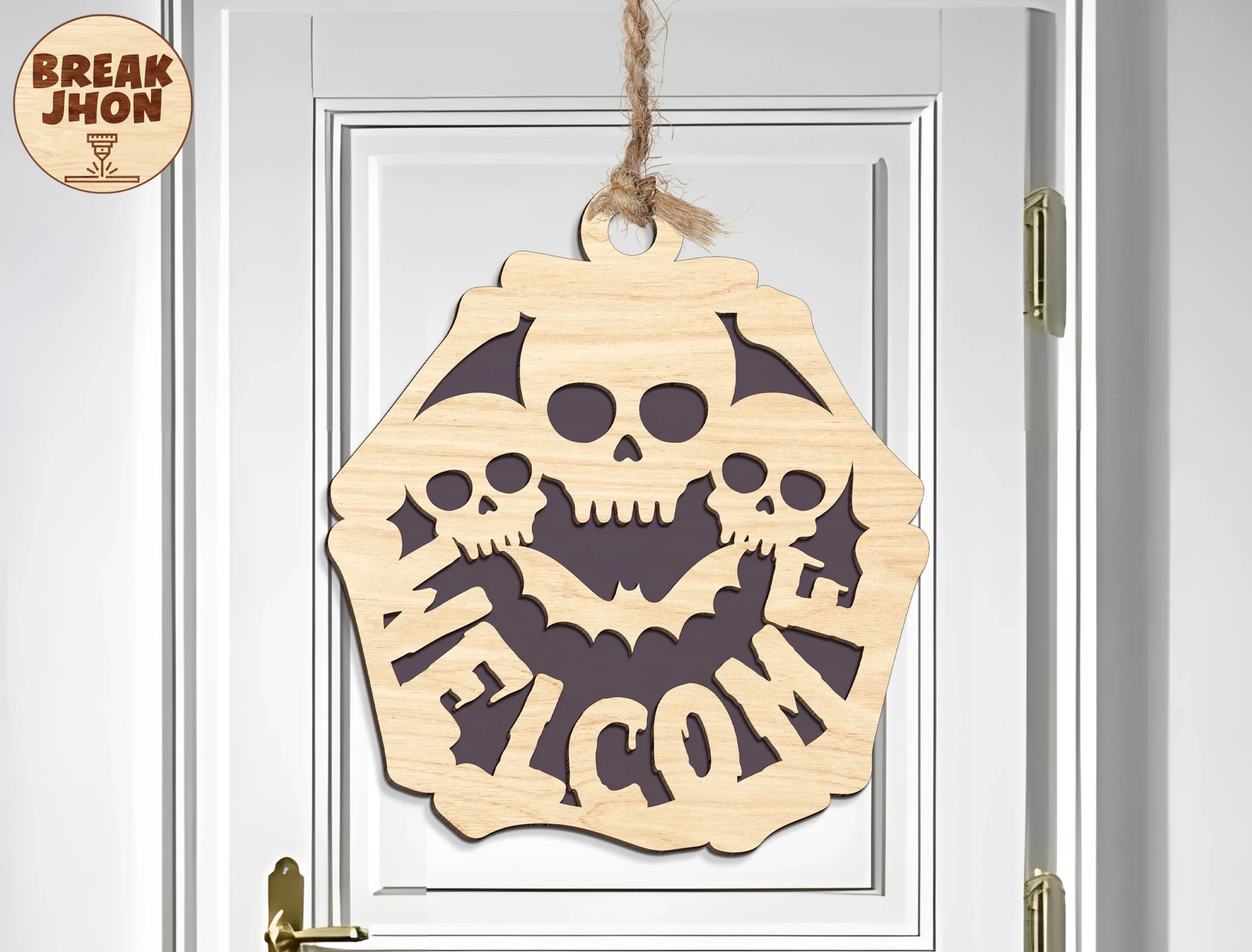 Happy Halloween Sign Svg showing a decorative wooden hanging sign with blocky lettering, skulls, a central bat, and a rounded scalloped frame.