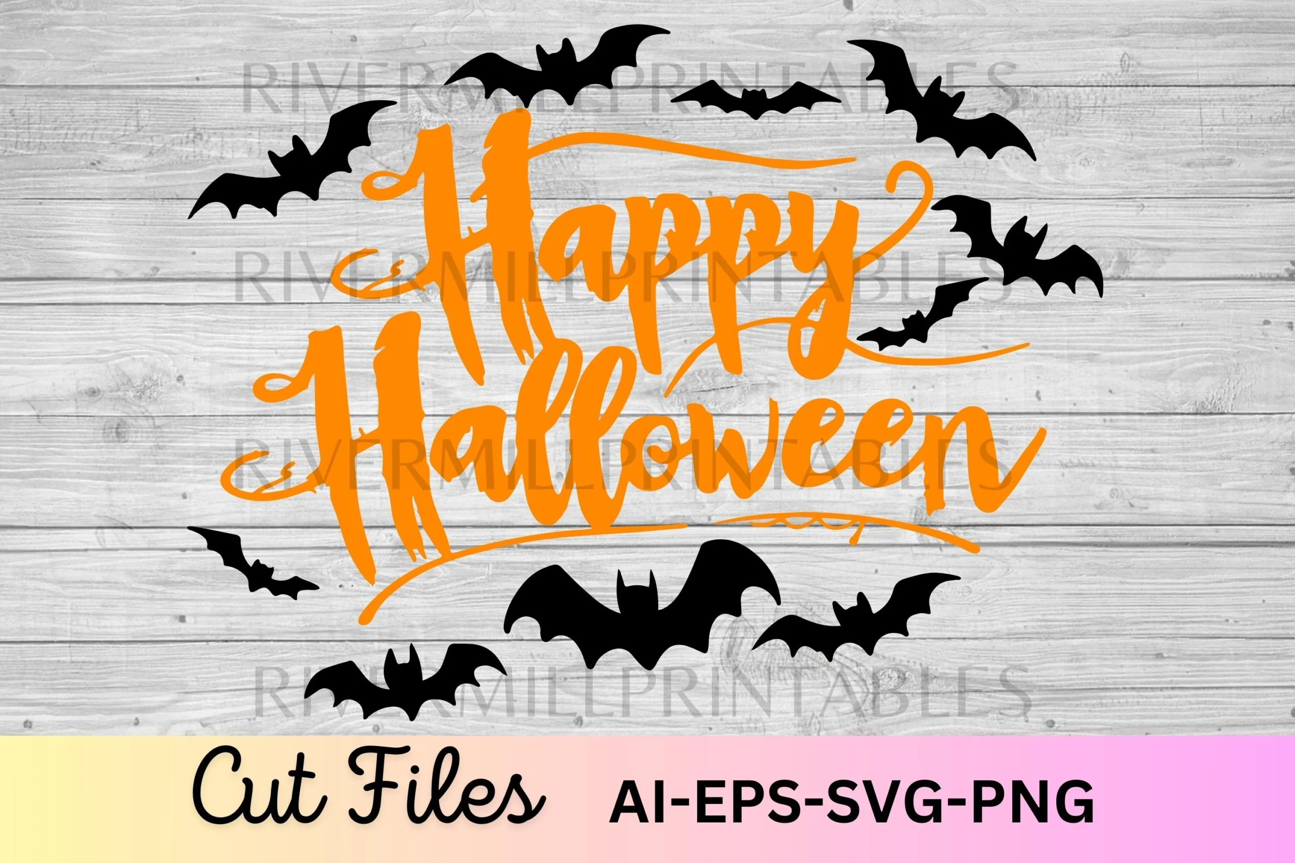 Happy Halloween SVG Cut File featuring orange script lettering surrounded by scattered black bat silhouettes on a wood-textured background.