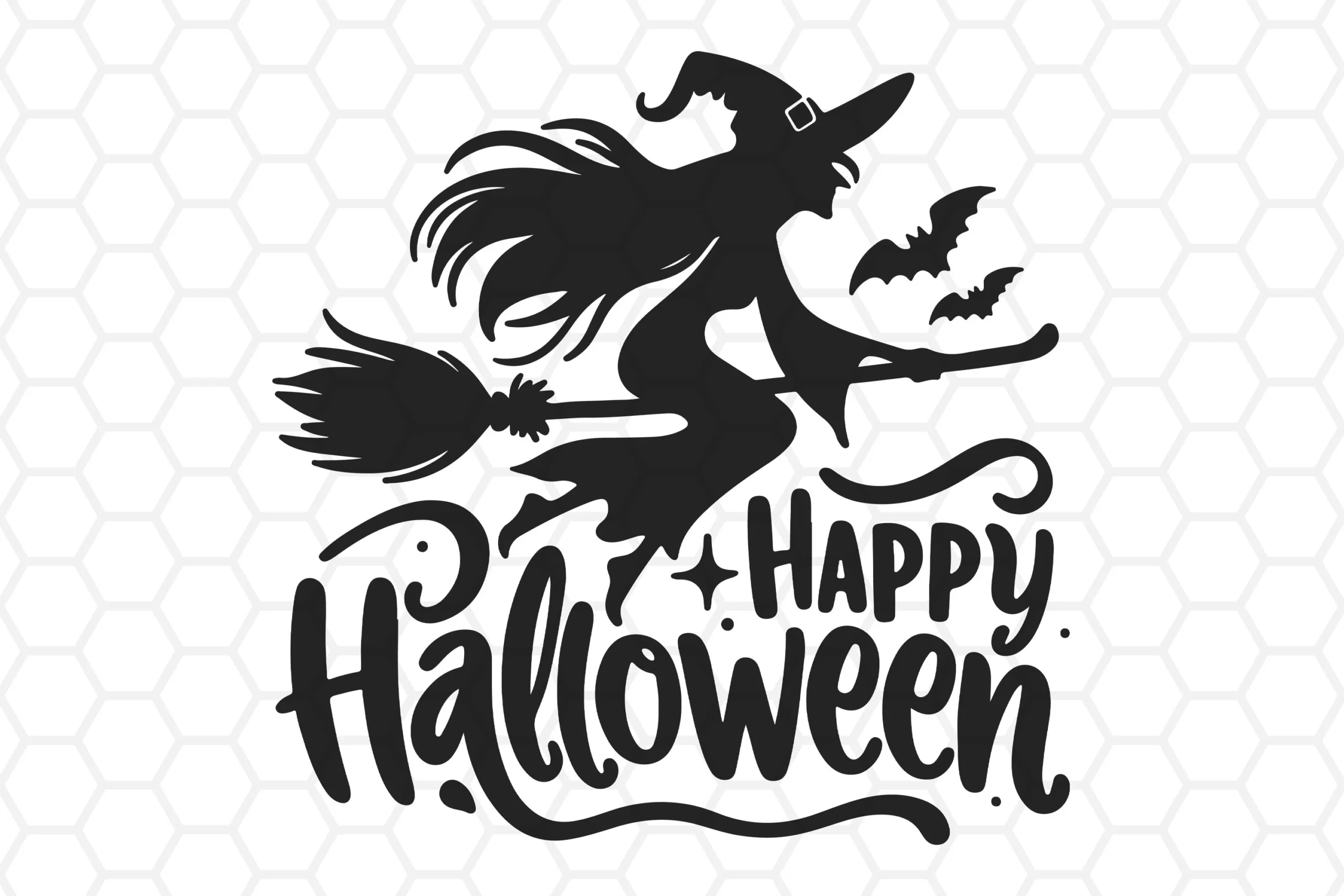 Happy Halloween SVG Cut Files features a black silhouette of a witch riding a broomstick with two bats above bold brush-style lettering reading "HAPPY" and "Halloween."