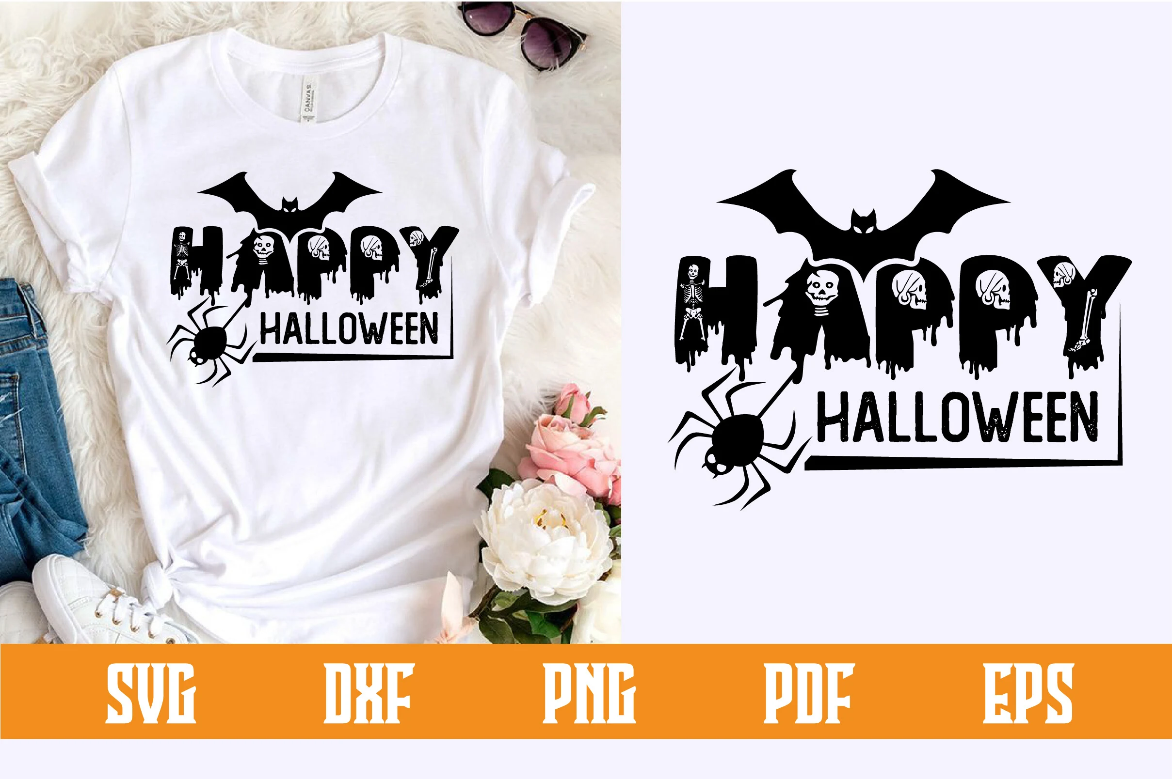 Happy Halloween Svg Design featuring dripping display text with integrated skeleton and skull silhouettes, a bat overhead, and a hanging spider beside framed Halloween lettering.