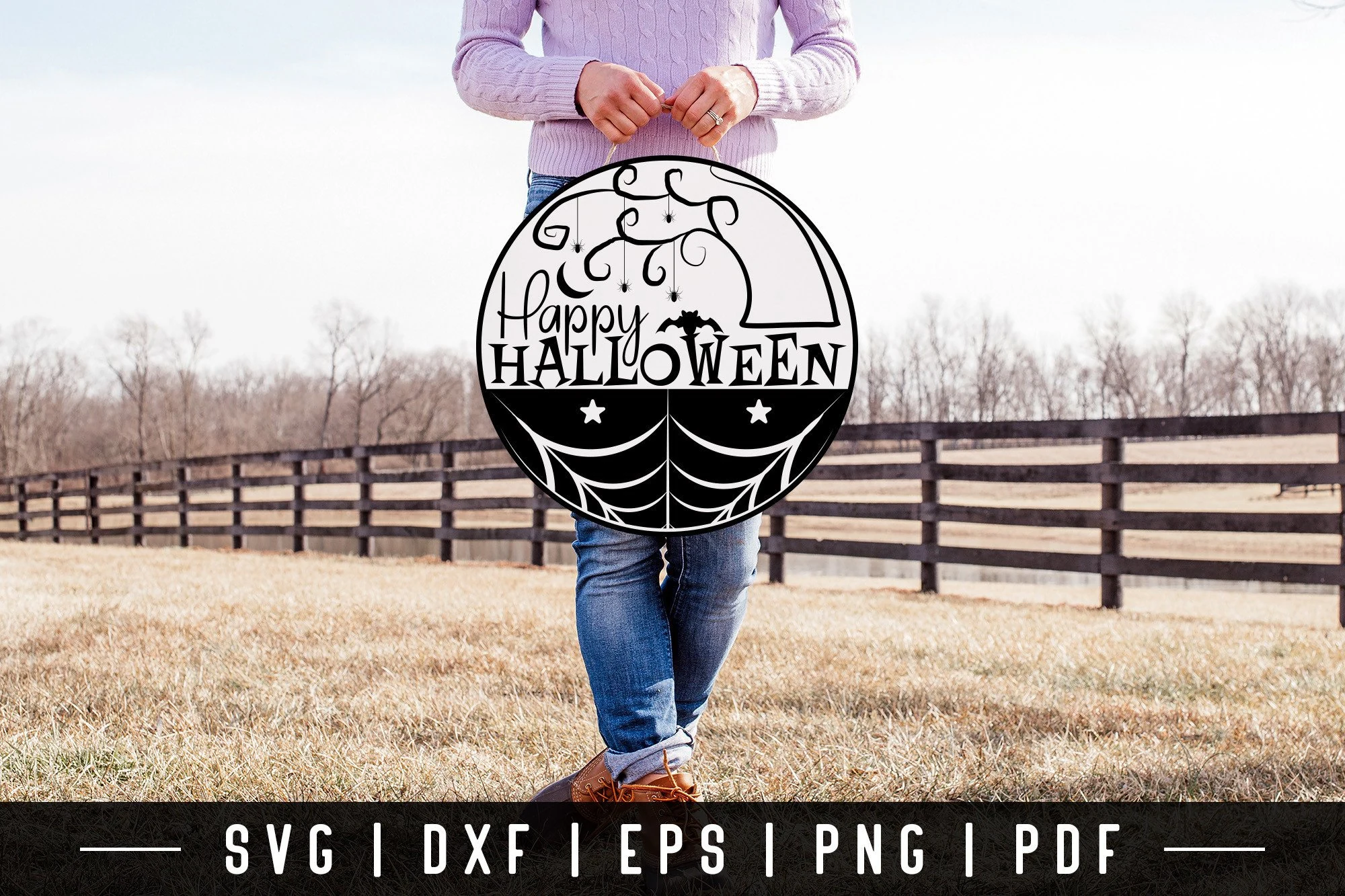 Happy Halloween SVG, DXF, PNG, EPS, PDF circular Halloween sign design with spider webs, hanging spiders, a bat, crescent moon, stars, and a solid border