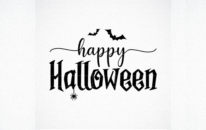 Happy Halloween SVG, Halloween Sign Svg, featuring flowing cursive "happy" above bold gothic "Halloween" lettering with two bats and a hanging spider.