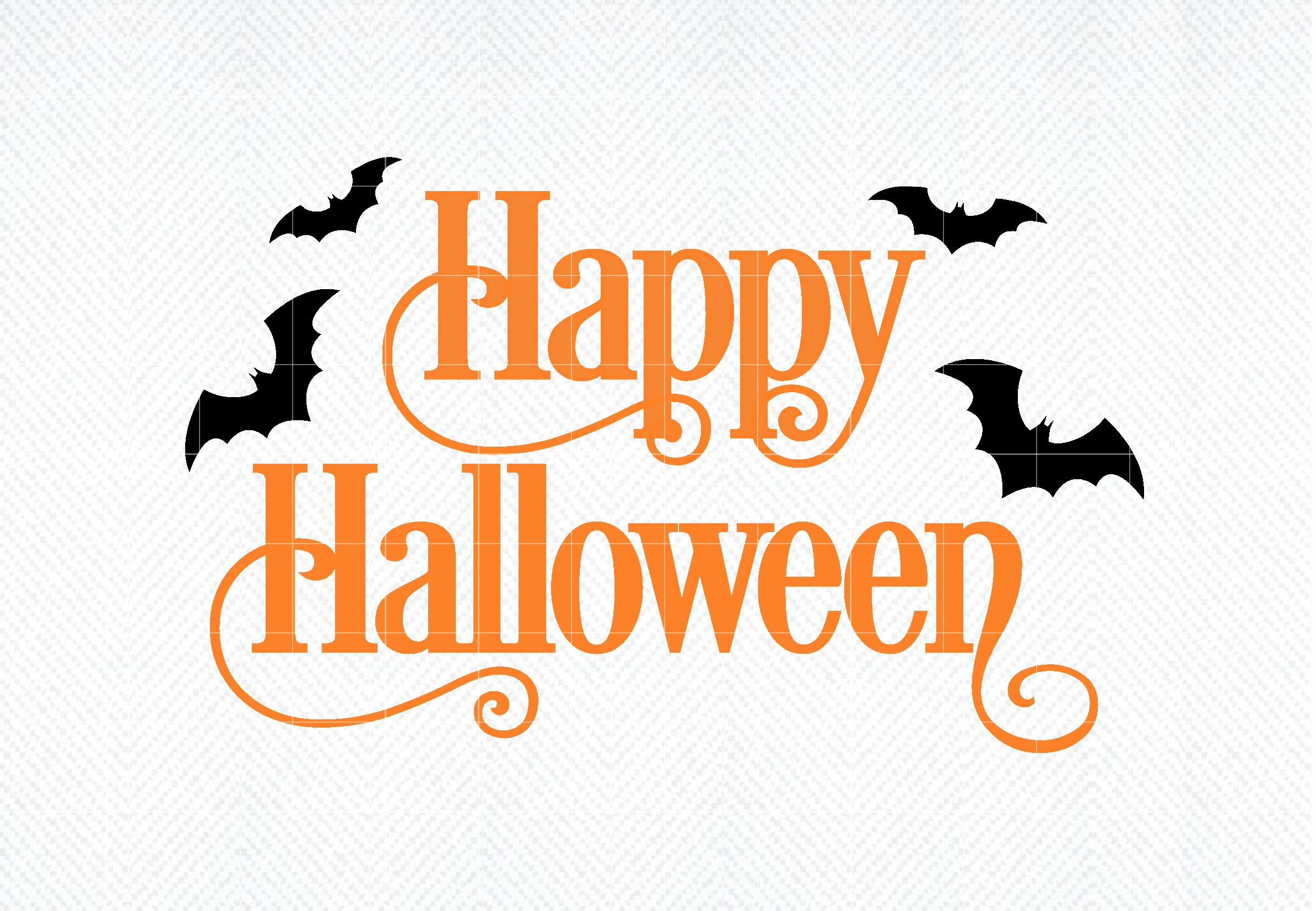 Happy Halloween SVG, Happy Halloween PNG features orange serif lettering with decorative swashes and four black bat silhouettes surrounding the words.