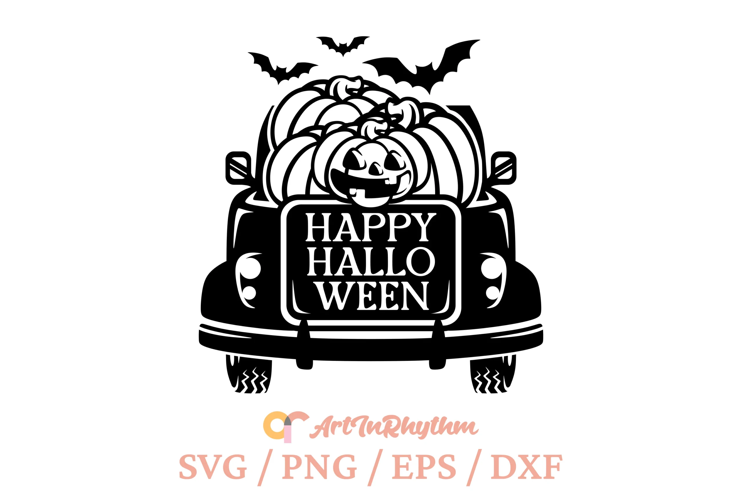 Happy Halloween Svg, Jack O Lantern Svg featuring stacked serif lettering on a sign mounted to the back of a vintage pickup truck filled with pumpkins and topped by flying bat silhouettes.