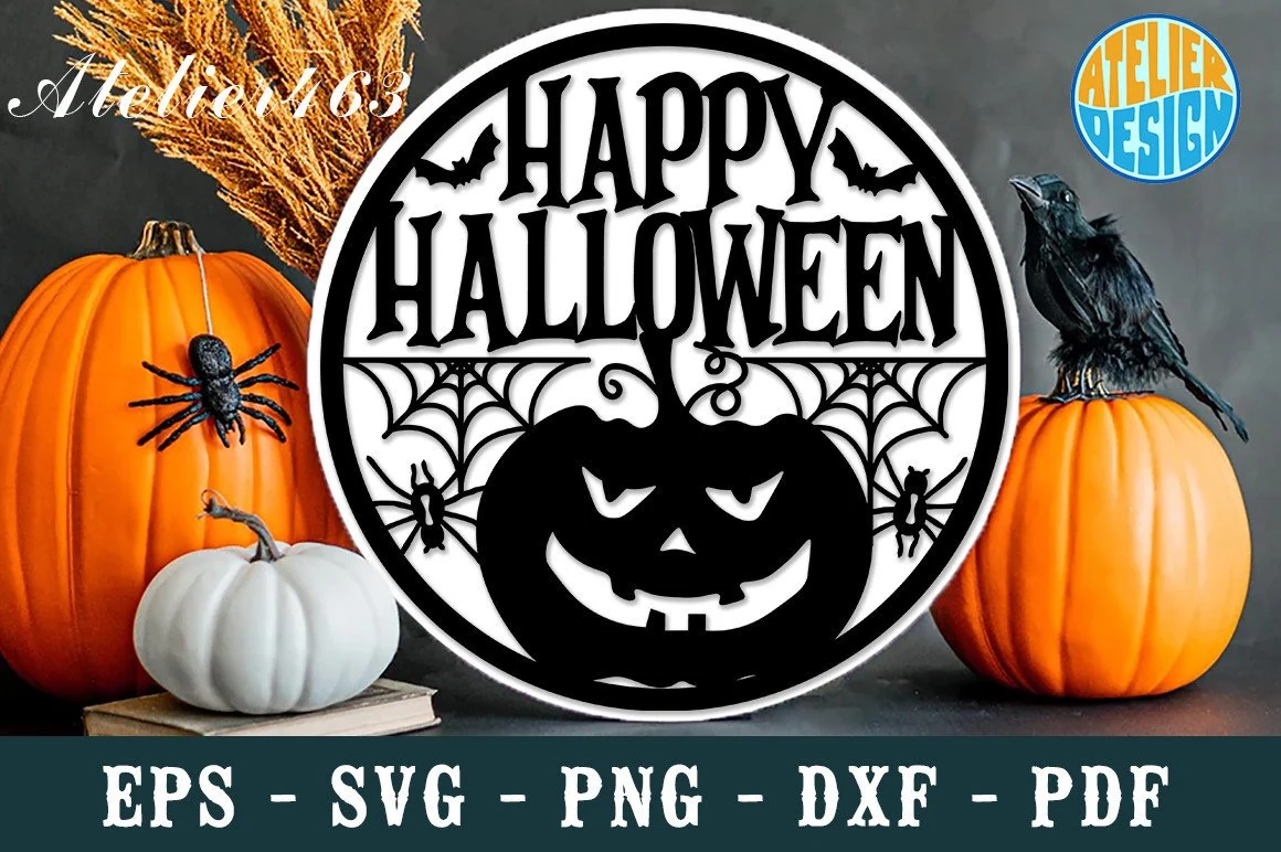 Happy Halloween Svg Laser Cutting Hanger, a circular black-and-white design with bold Halloween text, a jack-o'-lantern silhouette, spiderwebs, spiders, and bats.
