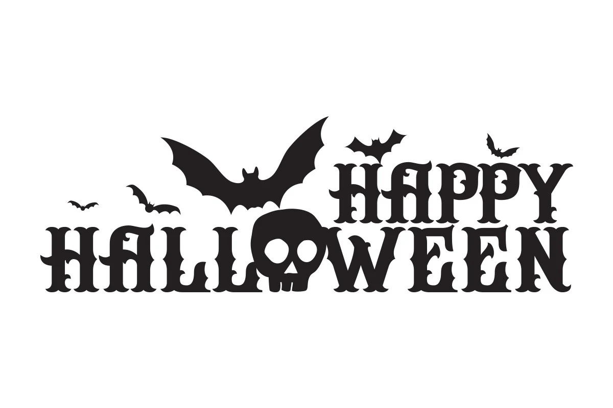 Happy Halloween SVG featuring black gothic serif lettering in two rows, a skull replacing the O in Halloween, and four bat silhouettes.