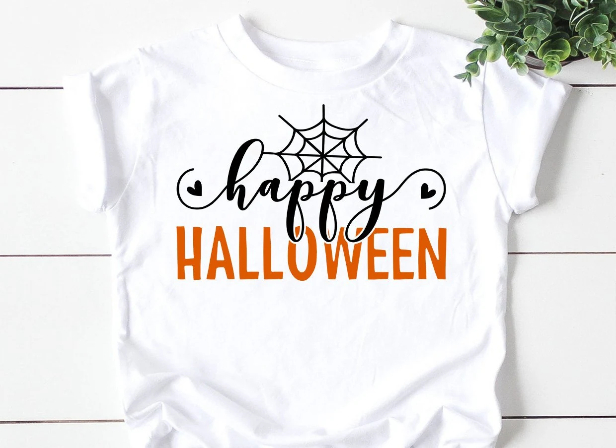 Happy Halloween SVG features black script lettering, a spider web motif, and bold orange HALLOWEEN text.