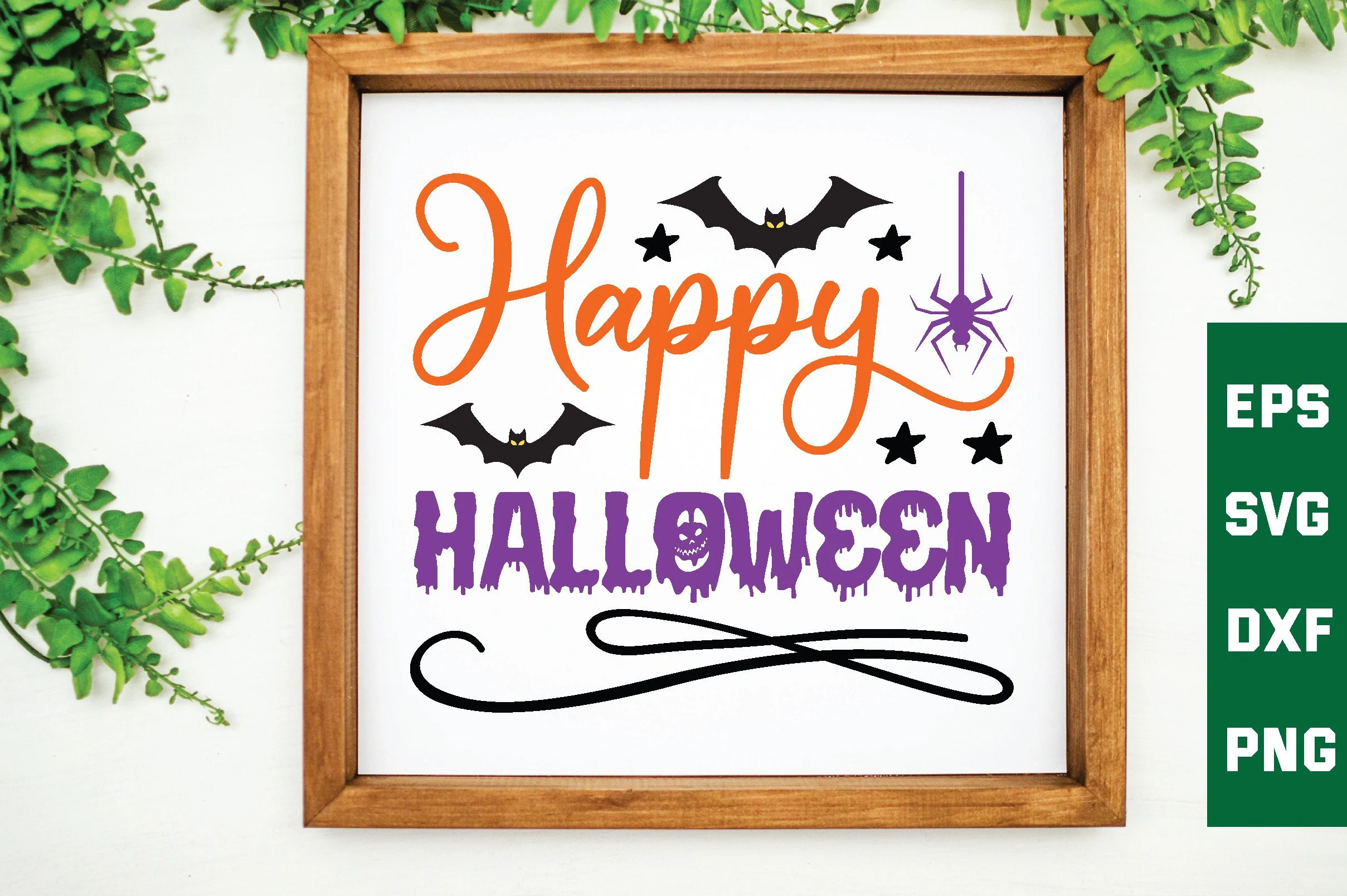 Happy Halloween Svg featuring orange calligraphic script, purple dripping block lettering, black bats and stars, a hanging purple spider, and a decorative black flourish.
