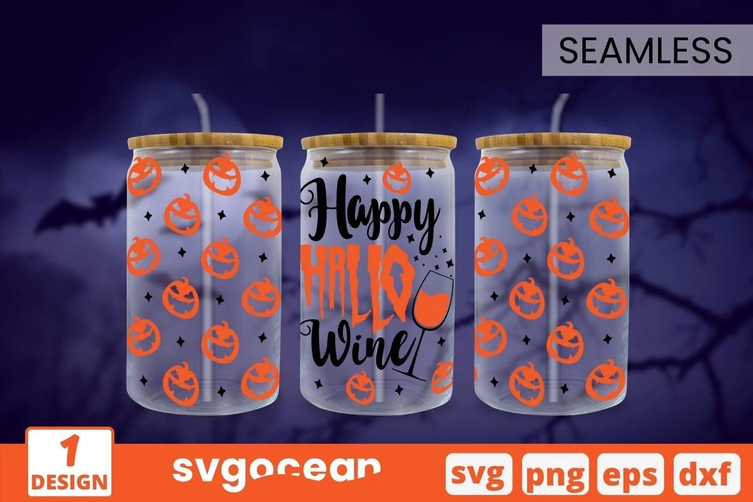 Happy Halloween SVG featuring a central Halloween-themed typographical composition with script and distressed lettering, a wine glass, jack-o'-lantern faces, and star accents.