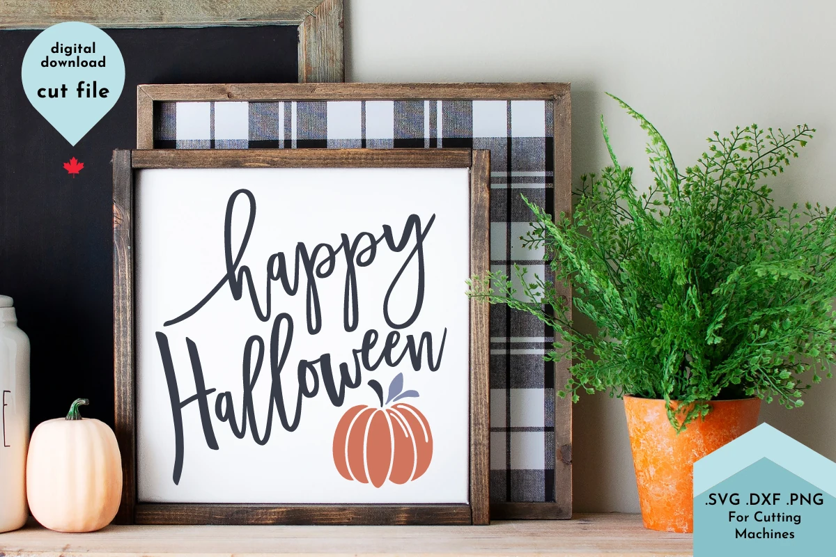 Happy Halloween SVG, Pumpkin featuring two-line hand-lettered script and a simplified orange pumpkin illustration with a muted blue-grey leaf accent.