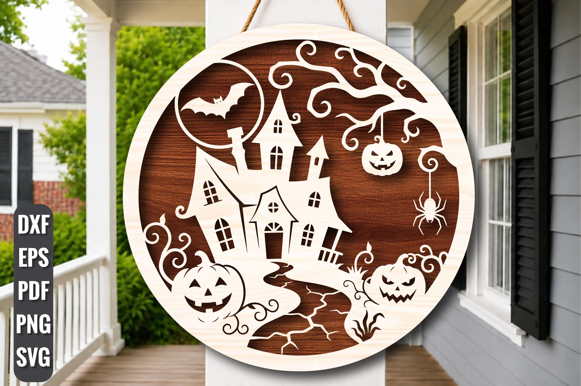 Haunted House Halloween Sign SVG featuring a white haunted house silhouette, pumpkins, spider, bat, and gnarled tree within a dark circular frame.