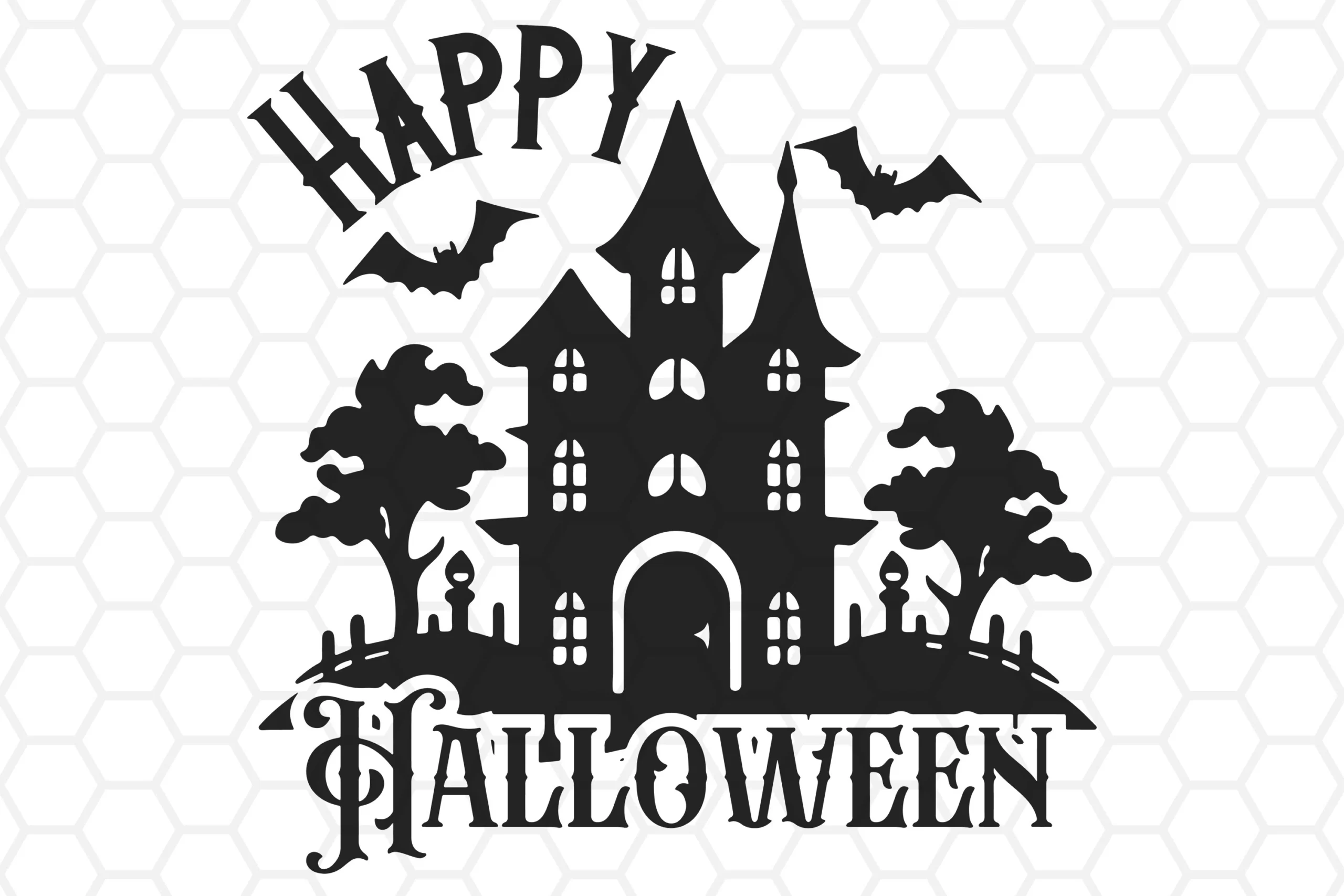 Haunted Mansion SVG Happy Halloween SVG featuring a black haunted mansion silhouette between trees and a picket fence, with two bats above and gothic HAPPY HALLOWEEN lettering.