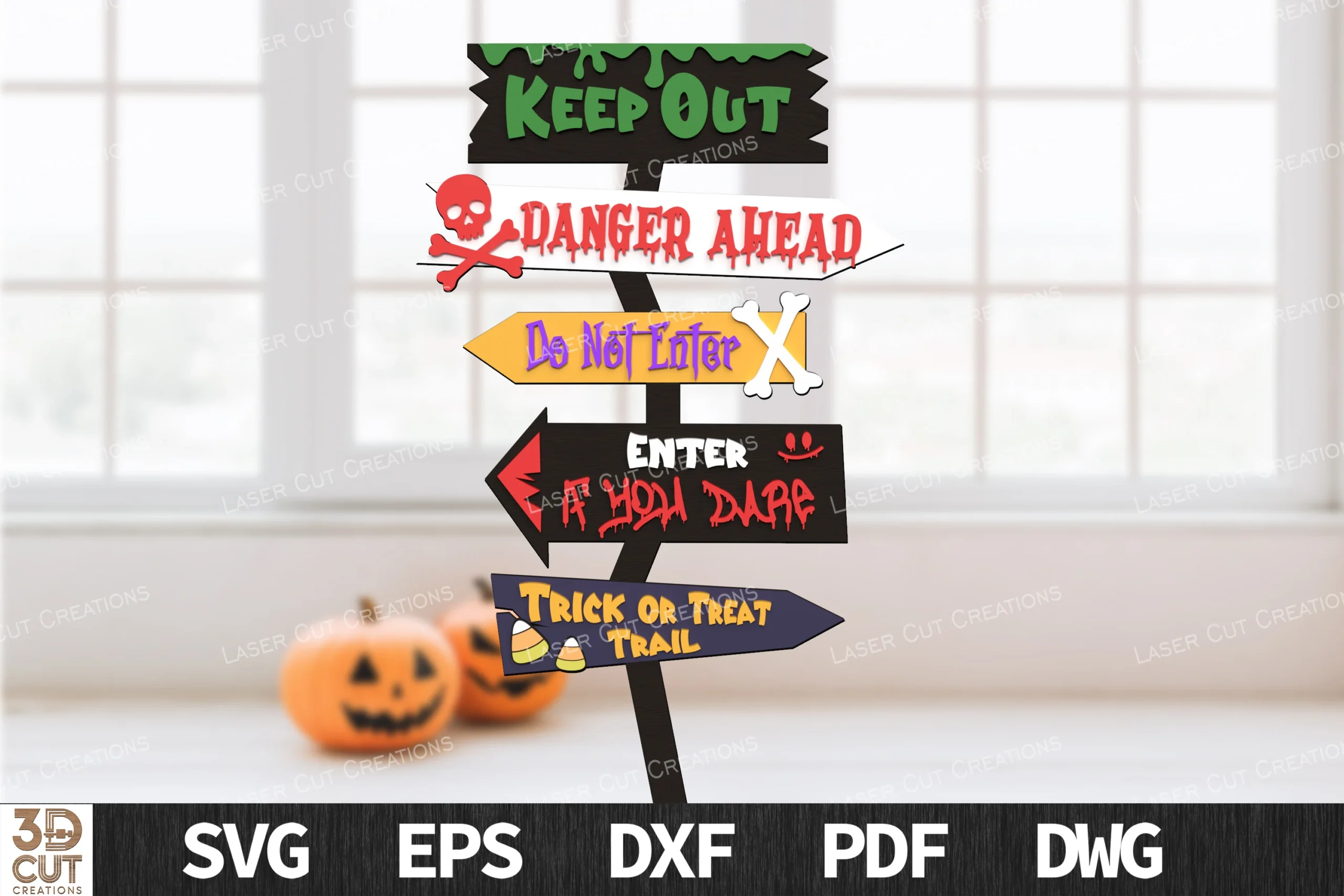 Haunted Warning Halloween Sign SVG, a five-board directional signpost with Halloween text, skull, bone, blood-like lettering, and candy corn motifs.