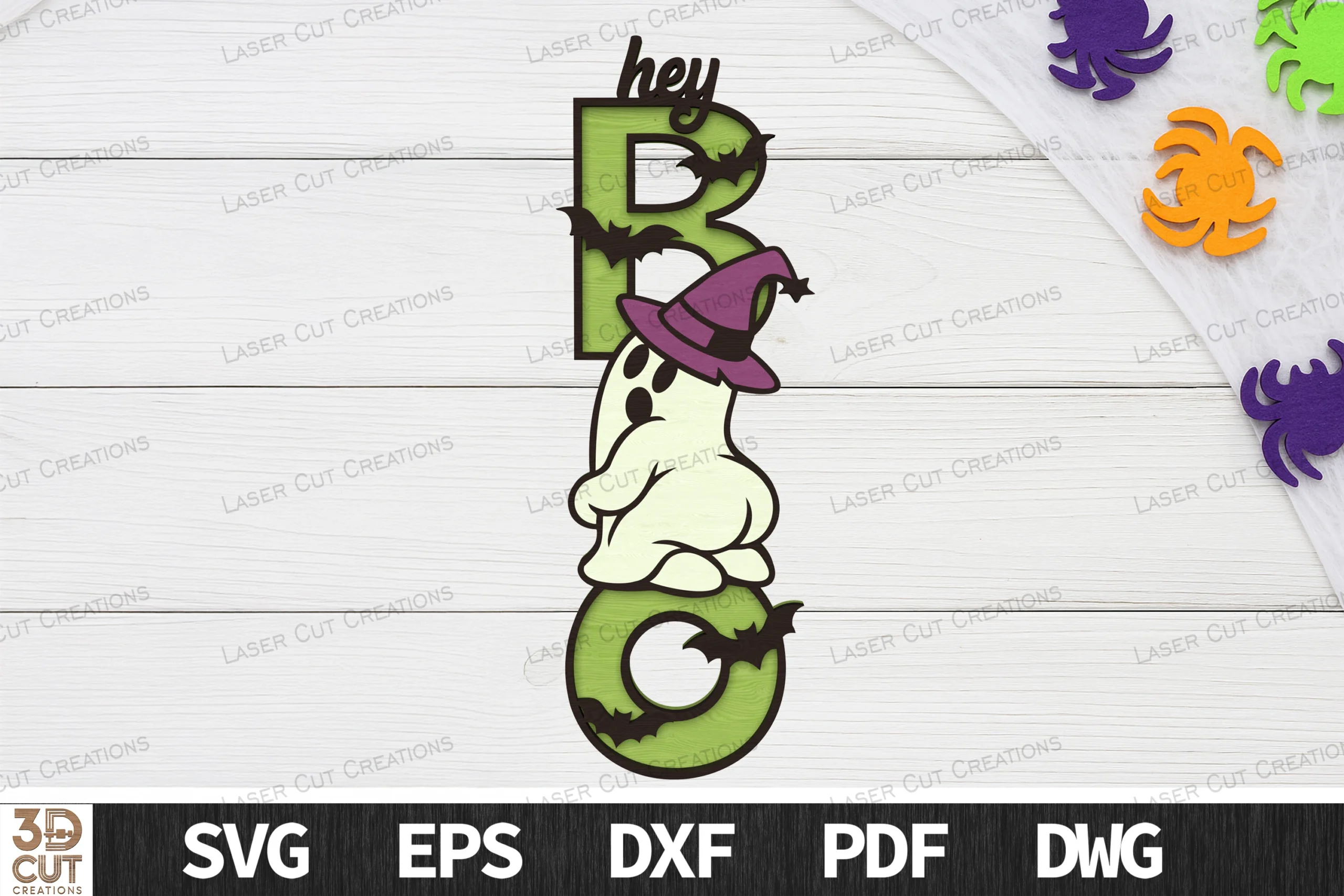Hey Boo Ghost Halloween Sign SVG featuring stacked hey BOO lettering, a central ghost wearing a pointed hat, and small bat silhouettes.