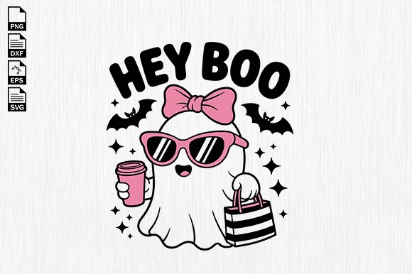 Hey Boo SVG, Cute Ghost Halloween Svg featuring a cartoon ghost with pink sunglasses, a pink bow, a coffee cup, and a shopping bag, surrounded by bats and star accents.