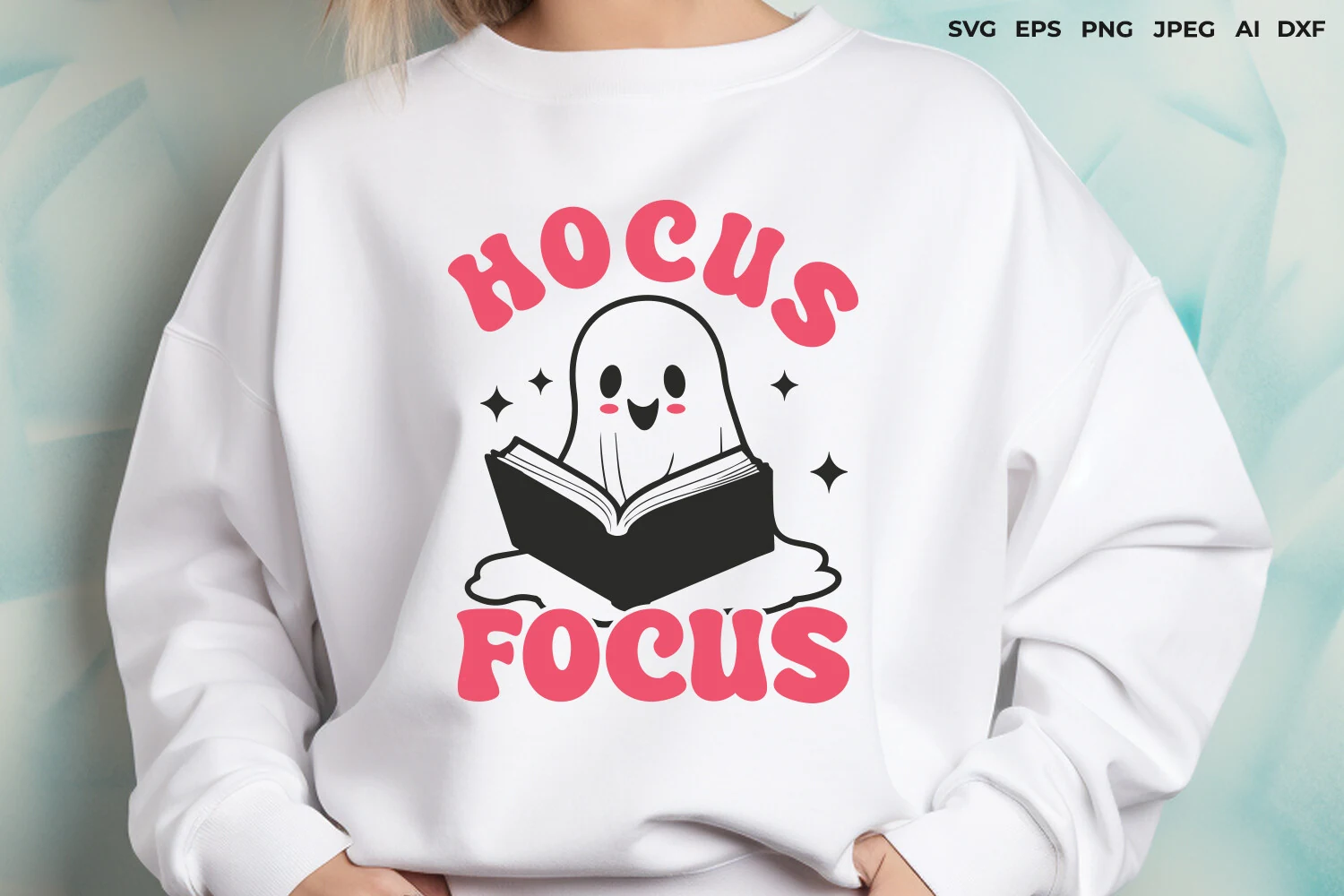Hocus Focus | Teacher Halloween SVG featuring pink rounded text around a white ghost reading an open black book, with small star accents.