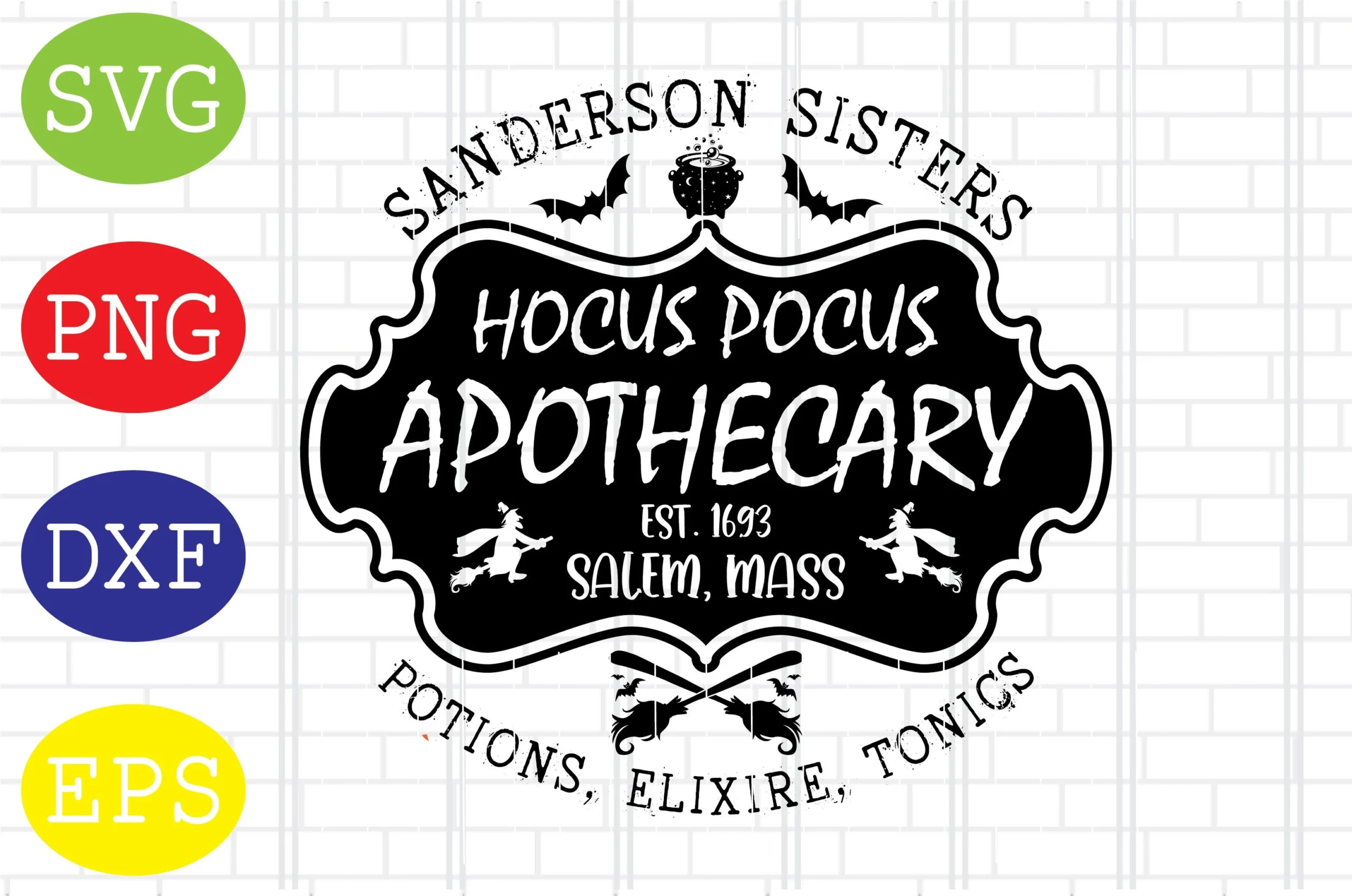 Hocus Pocus Apothecary Halloween Svg Dxf featuring a gothic apothecary sign with a scalloped frame, central text, bats, a cauldron, flying witches, and crossed broomsticks.