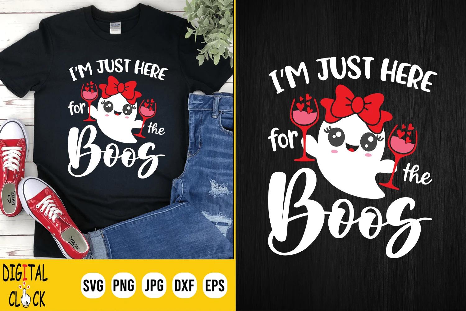 I'm Just Here for the Boos Halloween Svg featuring a cartoon ghost with a red bow holding two wine glasses with floating hearts, stacked text above, and large cursive lettering below.
