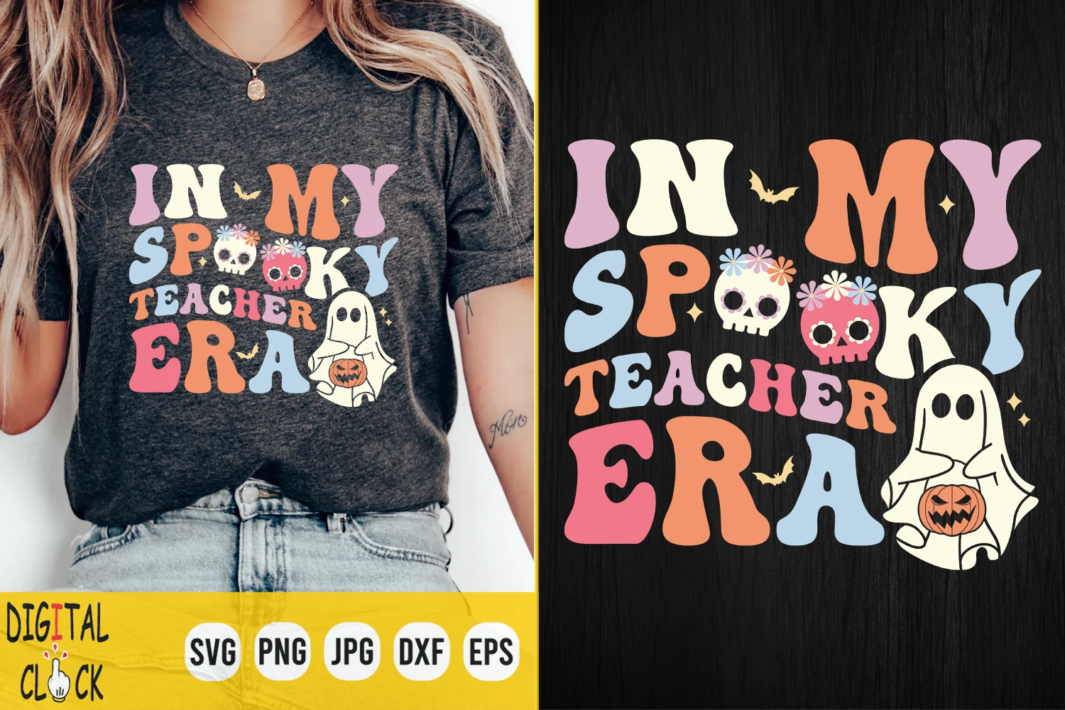 In My Spooky Teacher Era Halloween SVG featuring retro bubble lettering, floral-crowned skulls, and a cartoon ghost holding a jack-o'-lantern in pastel and muted warm tones