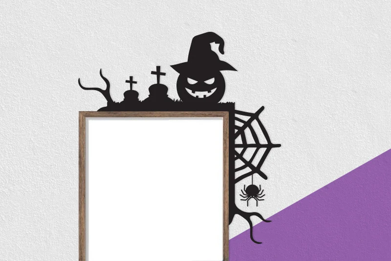 Laser Cut 3 Halloween Door Corner SVG featuring a jack-o'-lantern, gravestones, tree branches, spiderweb, and hanging spider in a black silhouette corner design.